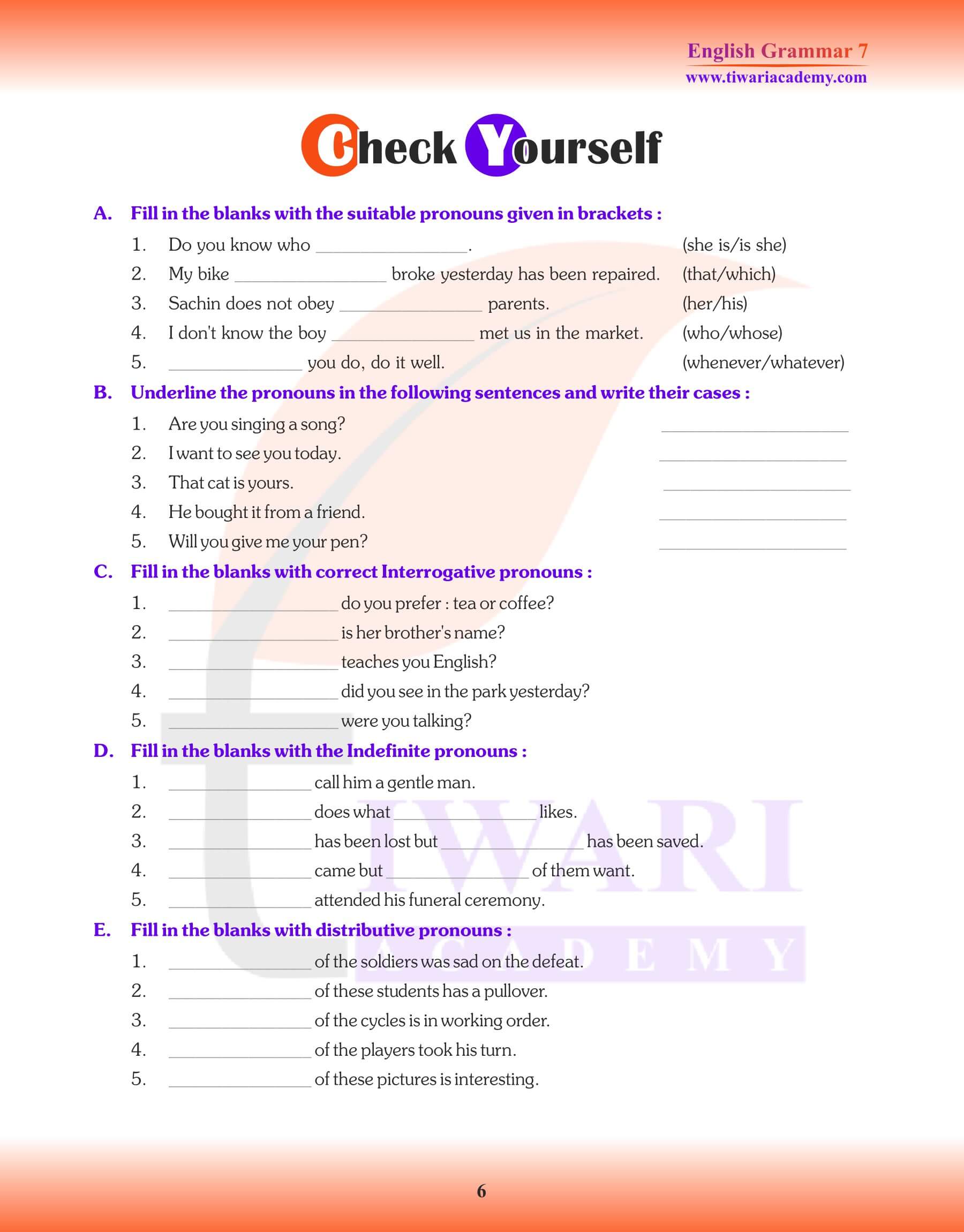 Class 7 English Grammar Chapter 5 The Pronoun Question answers