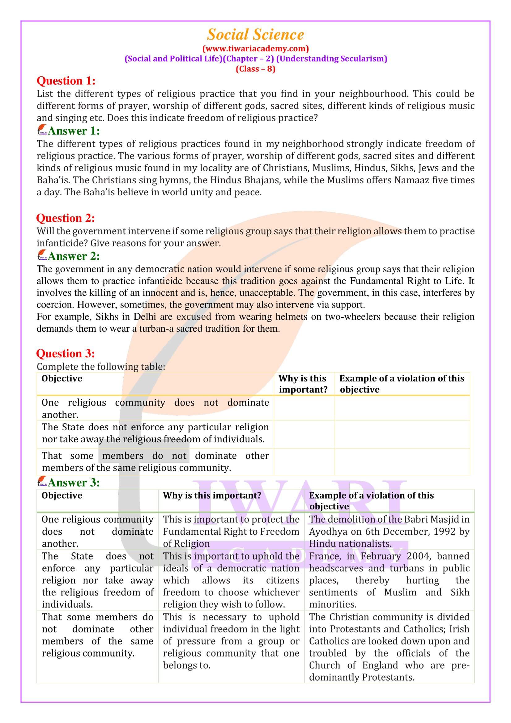 NCERT Solutions for Class 8 Social Science Civics Chapter 2 Understanding Secularism