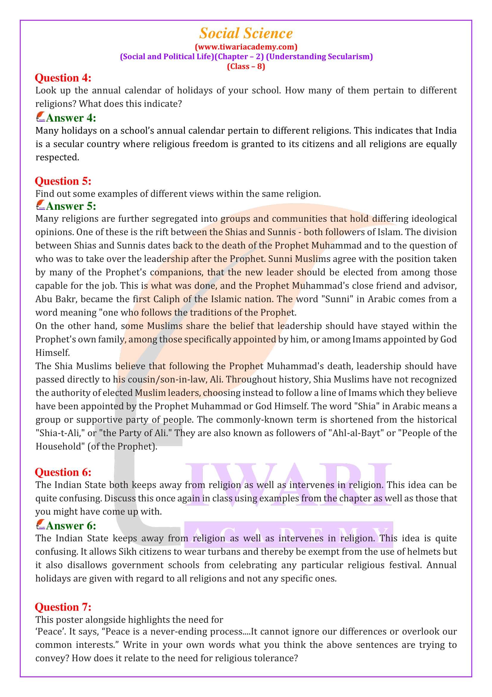 Class 8 Social Science Civics Chapter 2 Understanding Secularism