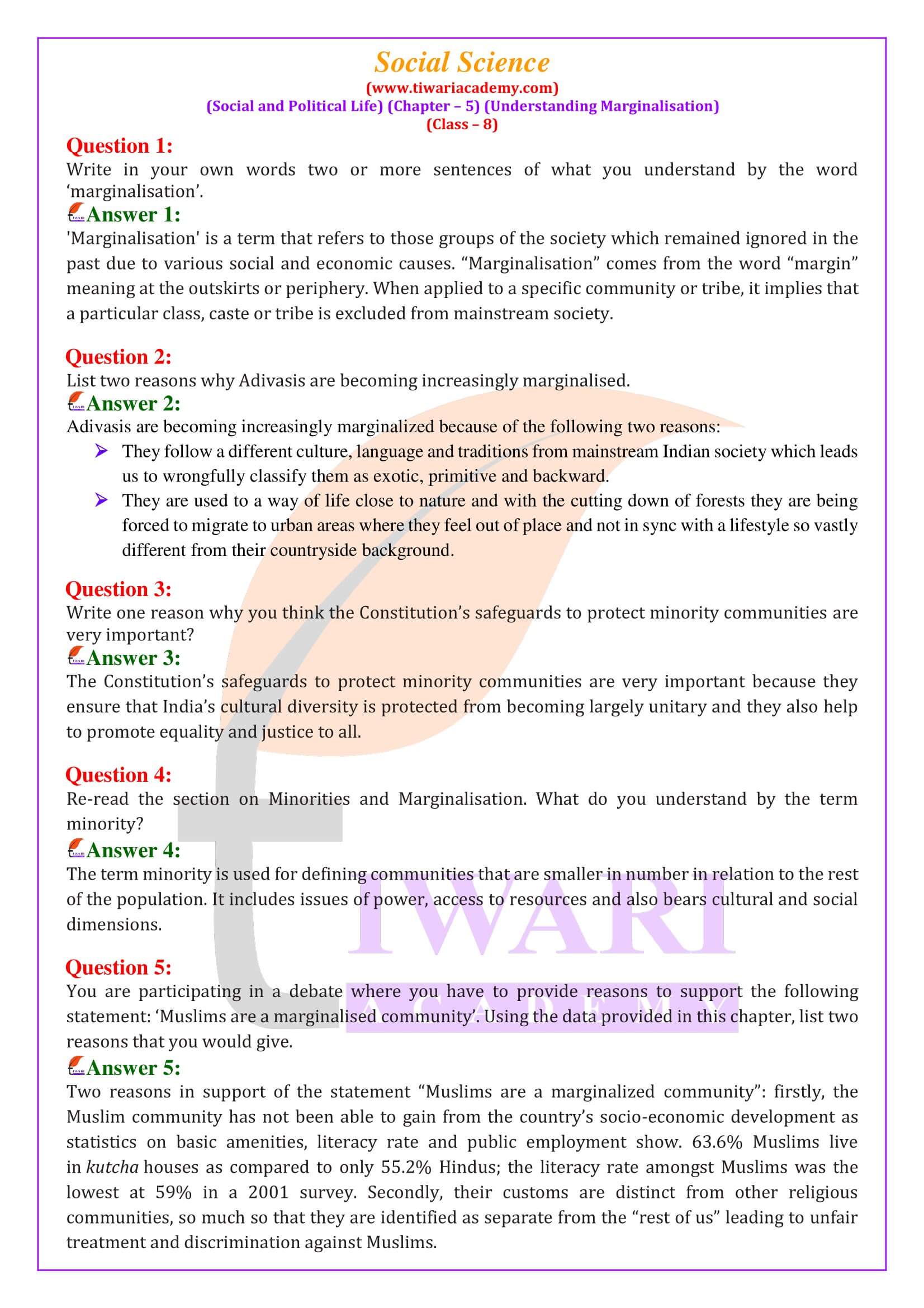 NCERT Solutions for Class 8 Social Science Civics Chapter 5 Understanding Marginalisation