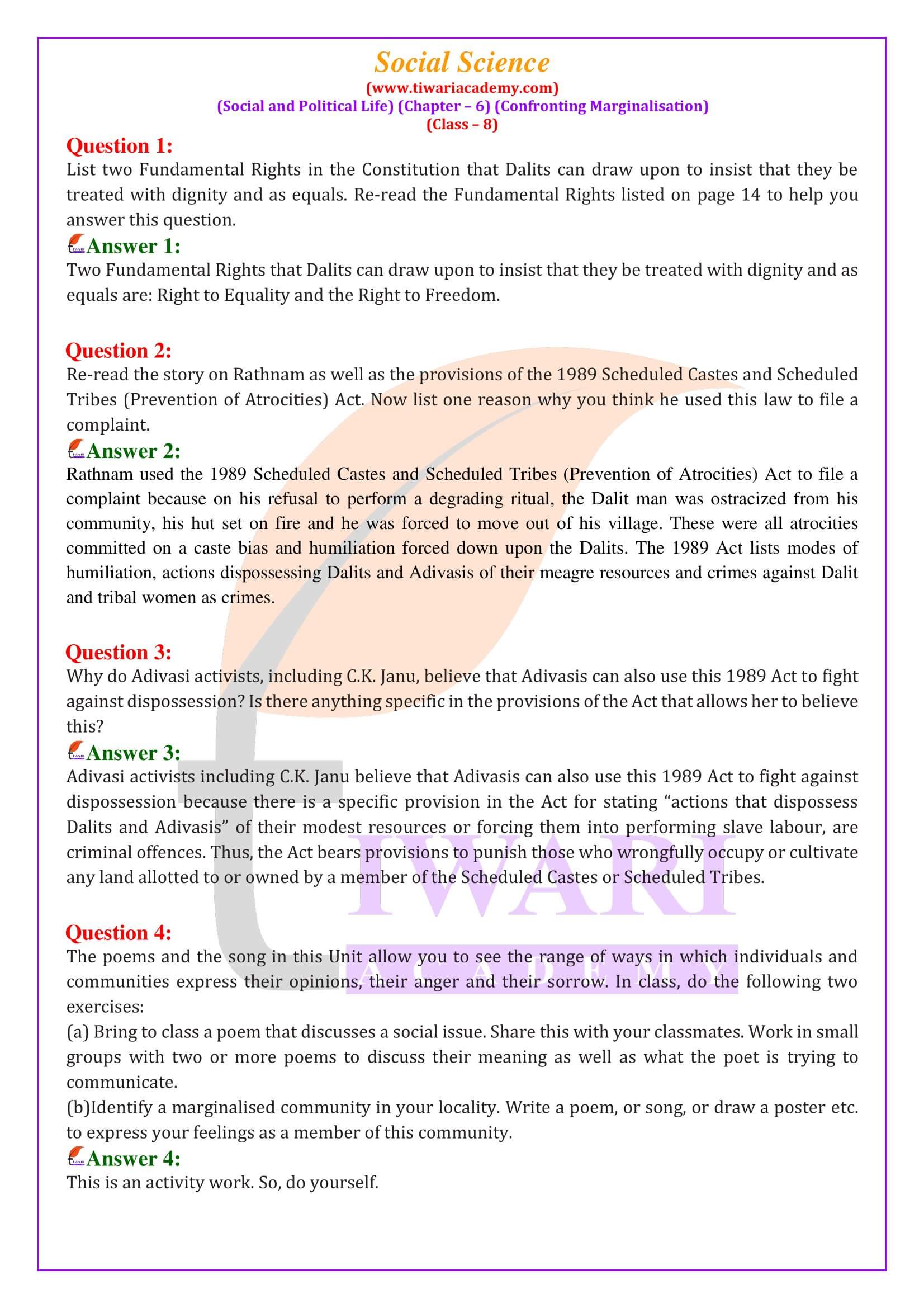 NCERT Solutions for Class 8 Social Science Civics Chapter 6 Confronting Marginalisation