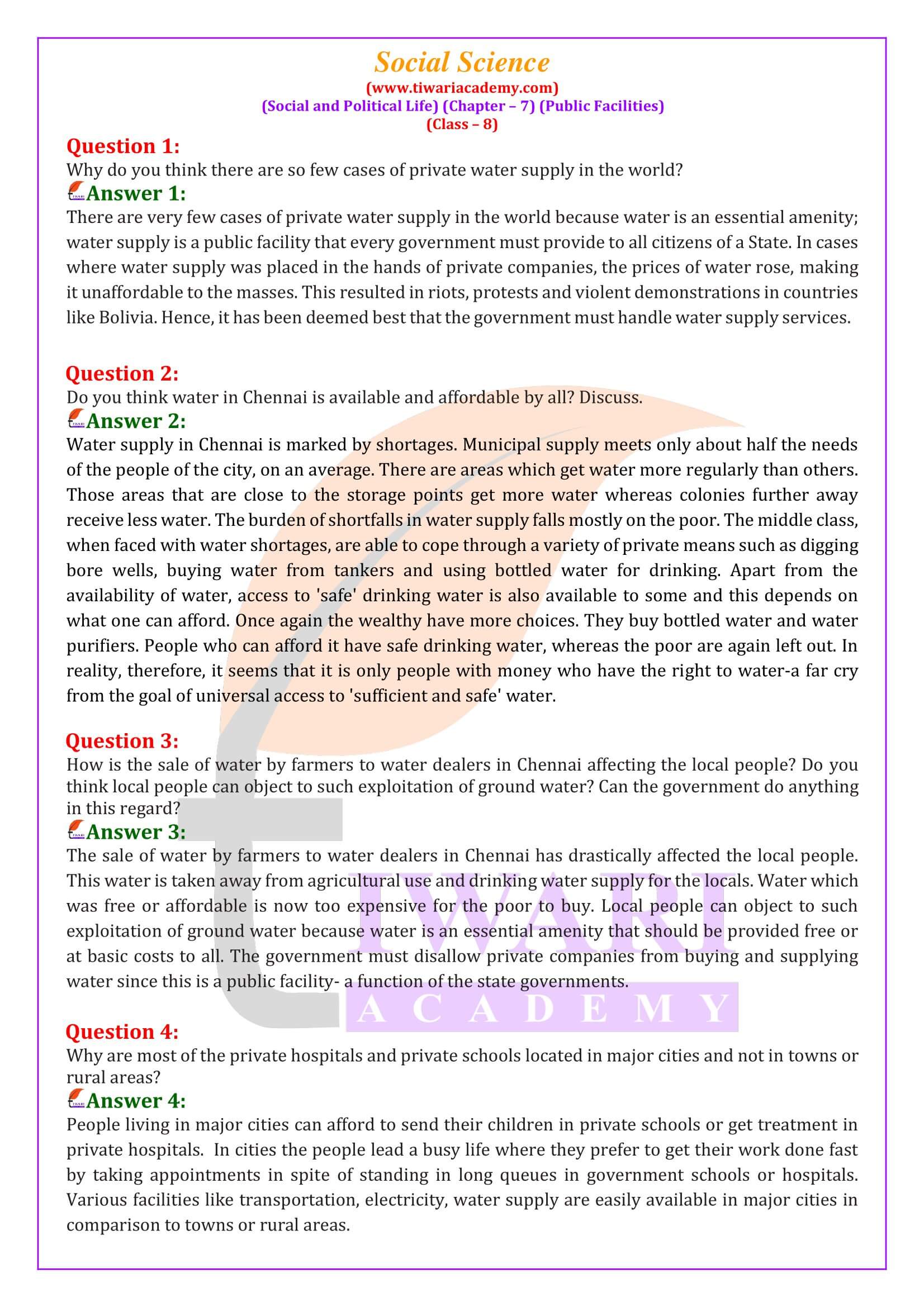 NCERT Solutions for Class 8 Social Science Civics Chapter 7 Public Facilities
