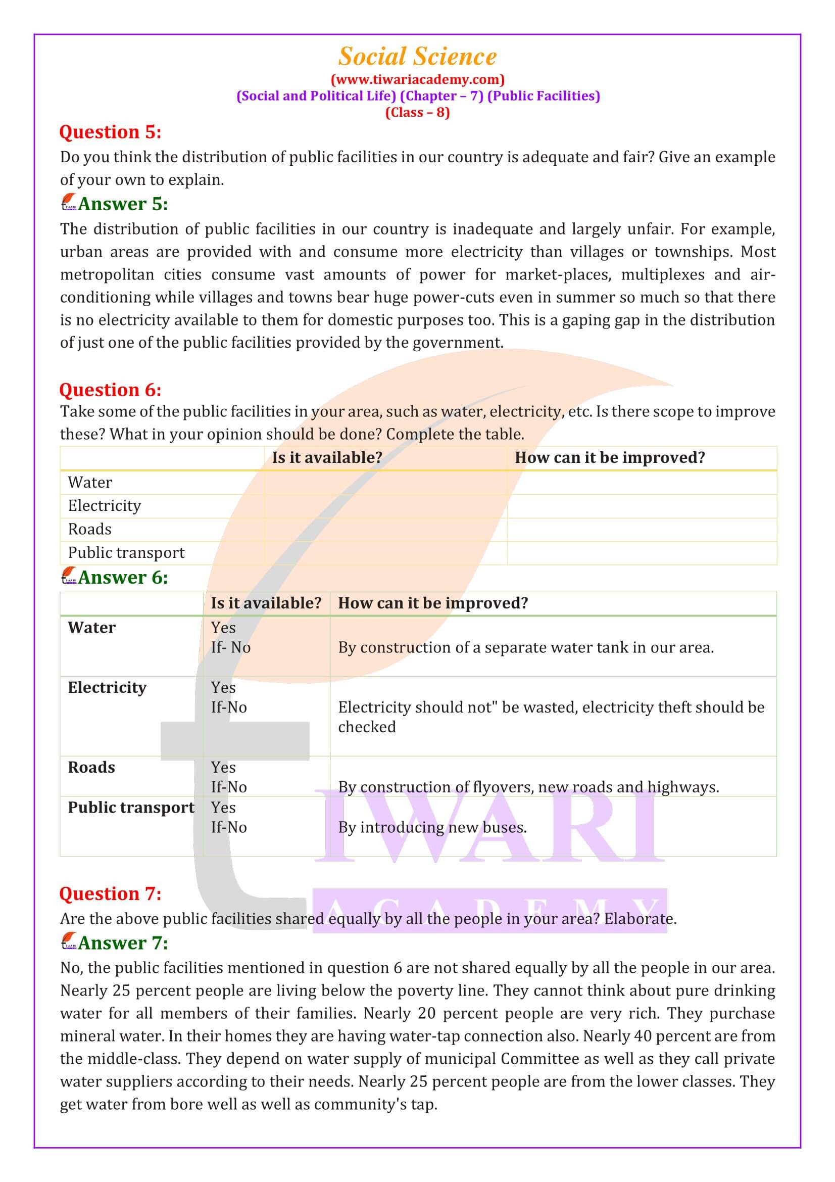 Class 8 Social Science Civics Chapter 7 Public Facilities