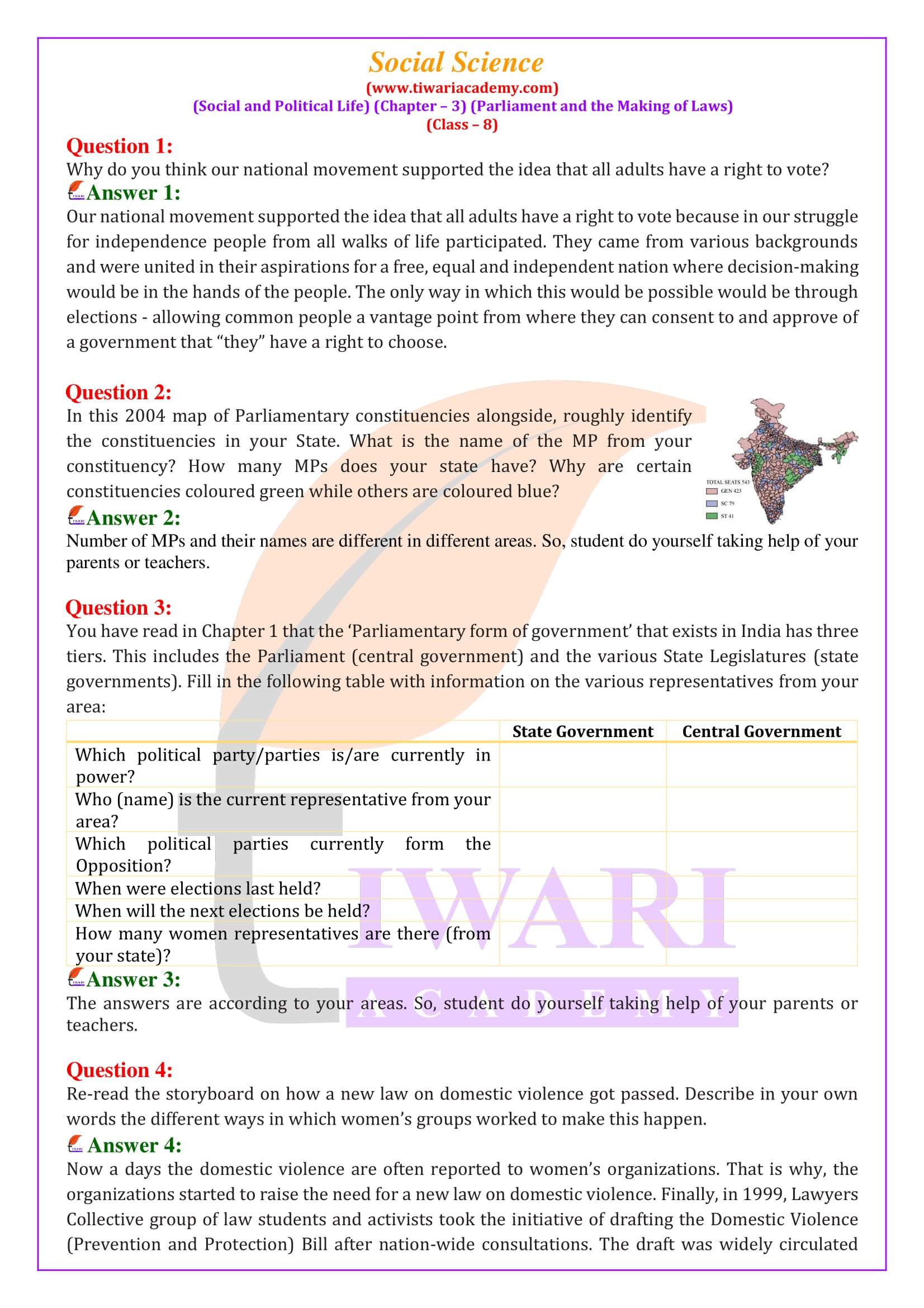 Class 8 Social Science Civics Chapter 3 Parliament