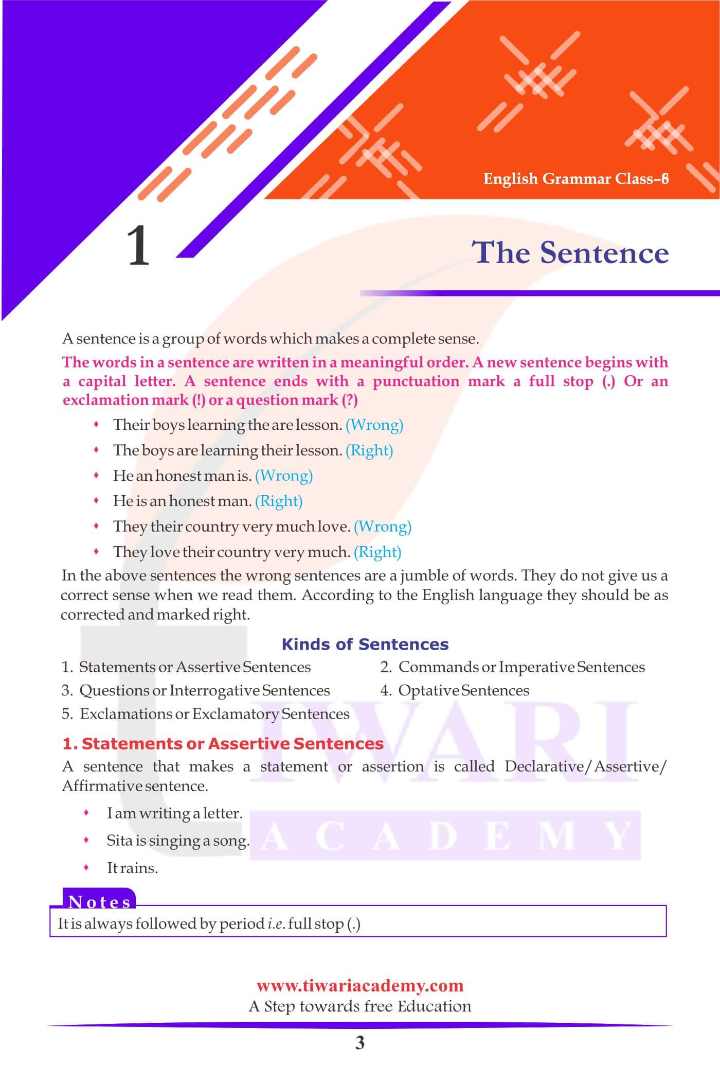 Class 8 English Grammar Chapter 1 The Sentence
