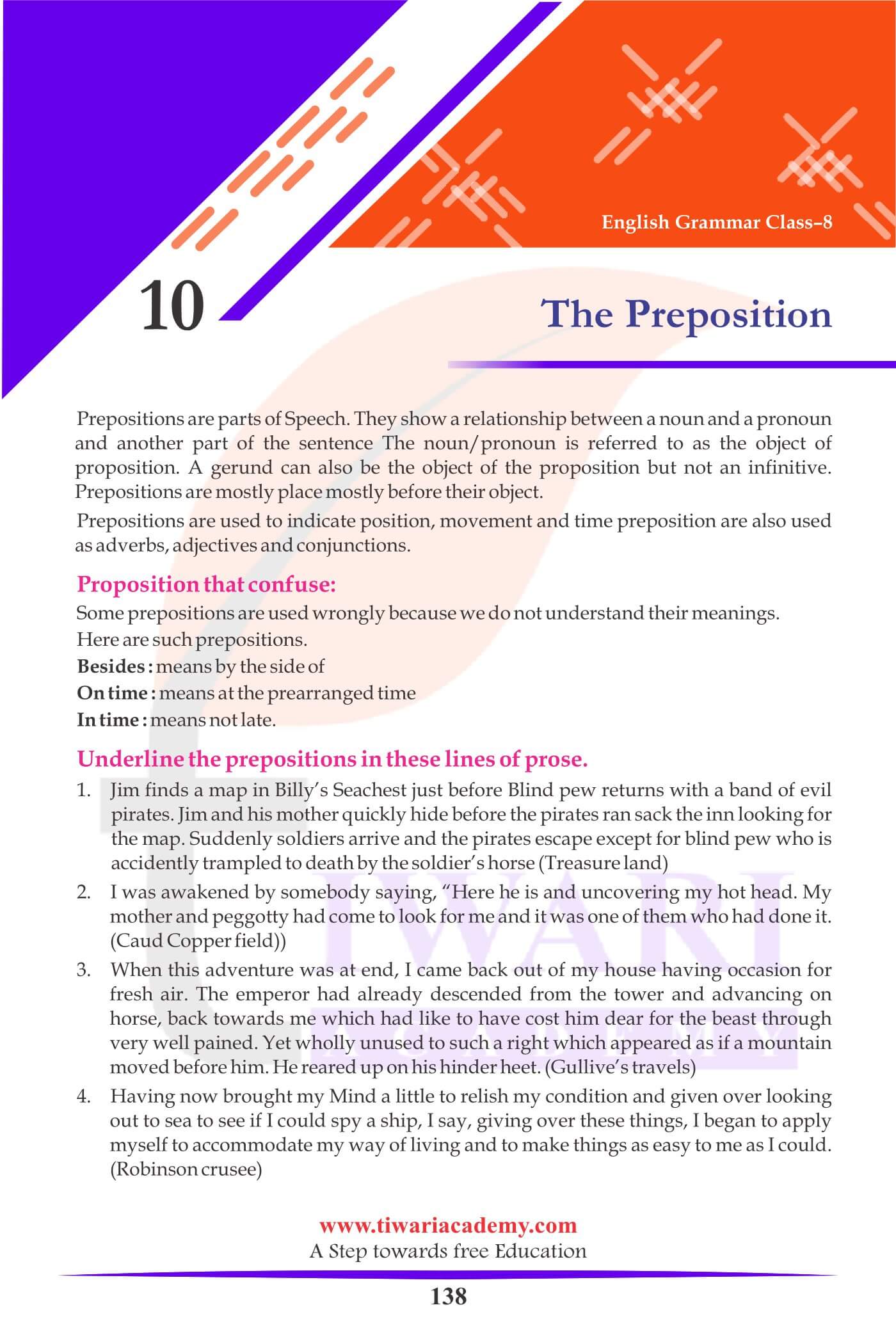 Class 8 English Grammar Chapter 10 The Preposition