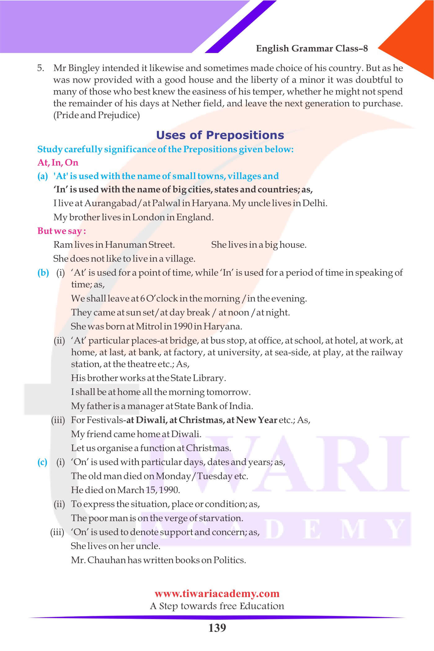 Class 8 English Grammar Chapter 10 Preposition