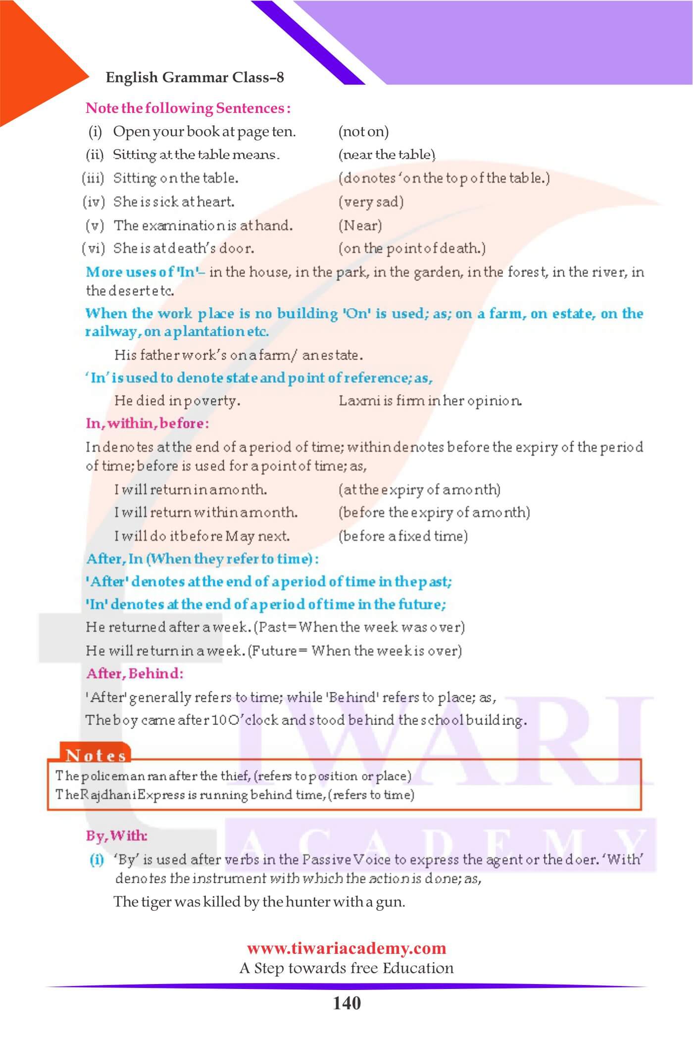 Class 8 English Grammar Preposition