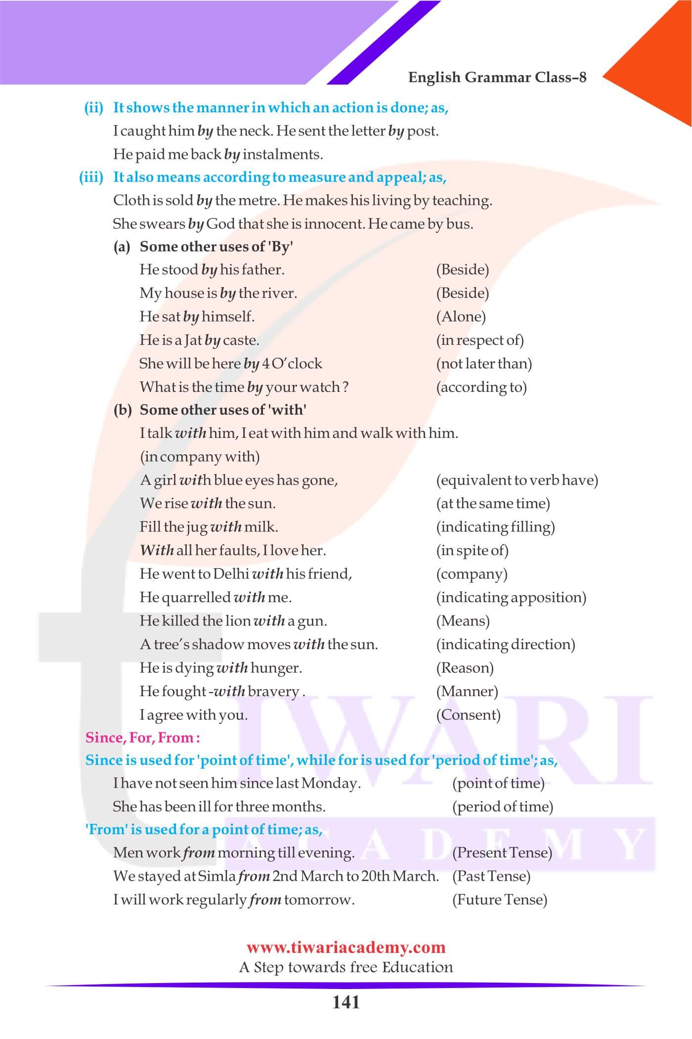 Class 8 English Grammar Preposition Study material