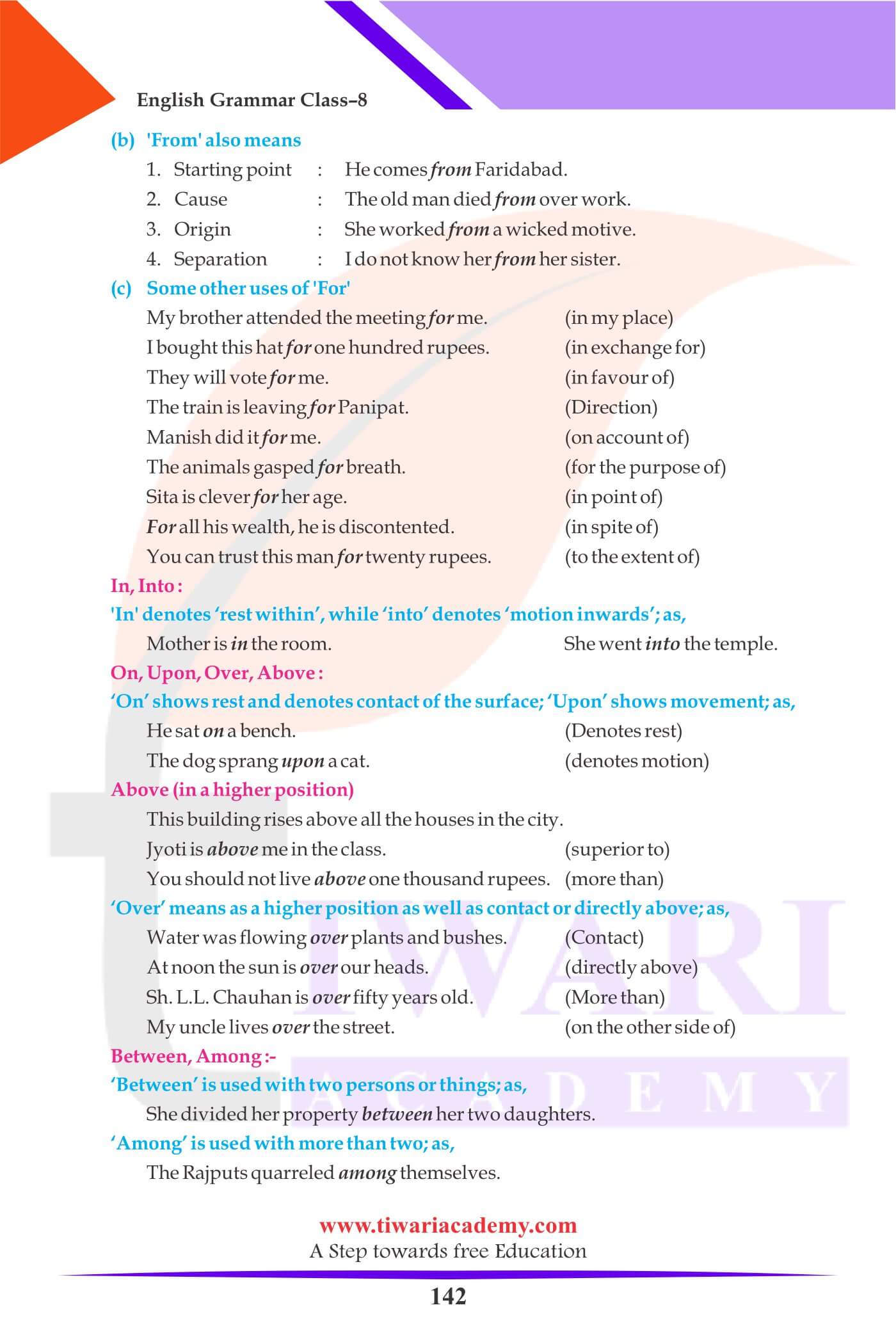 Class 8 English Grammar Preposition Practice