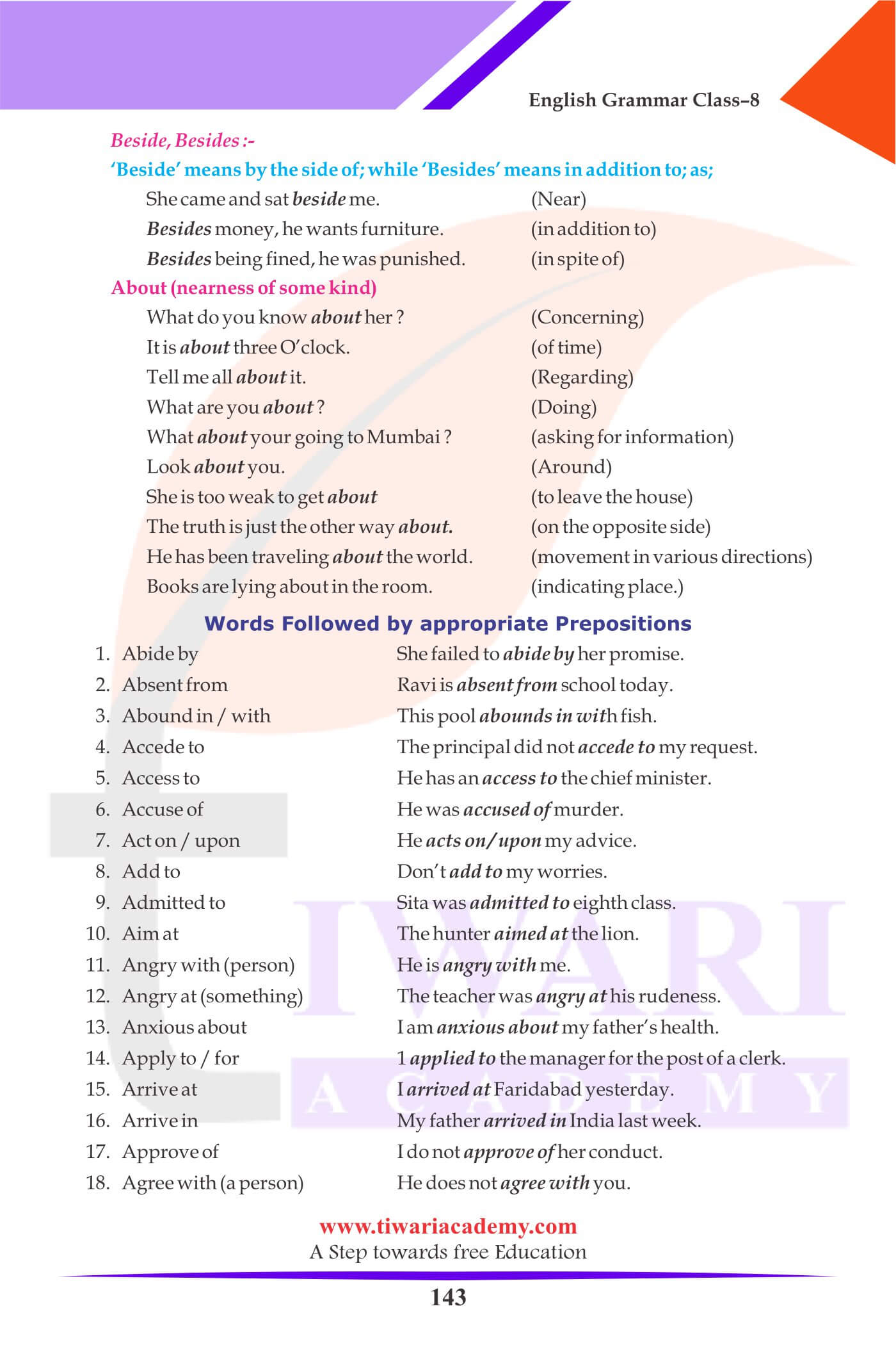 Class 8 English Grammar Preposition Solutions