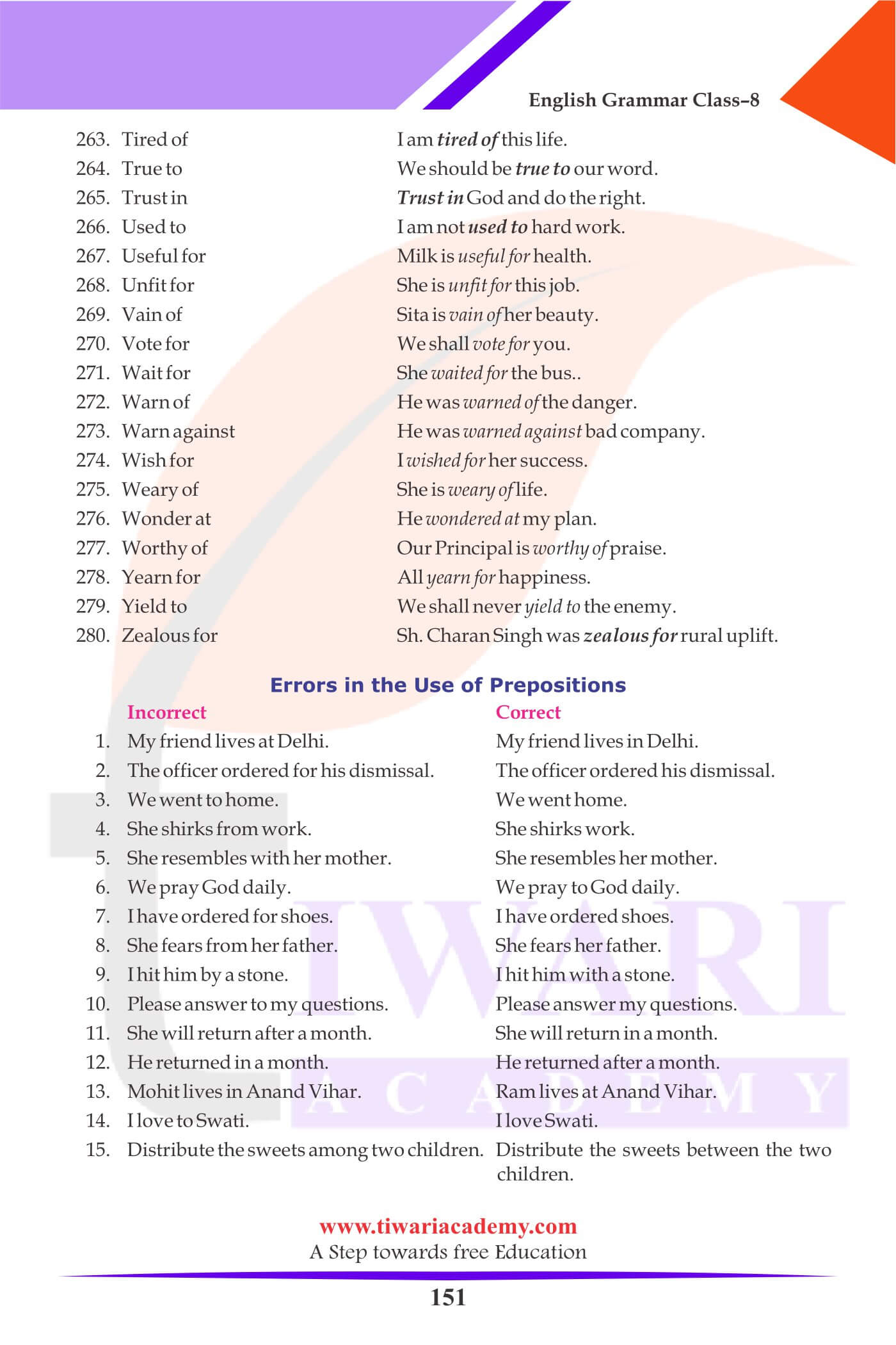 Class 8 English Grammar Fill Preposition