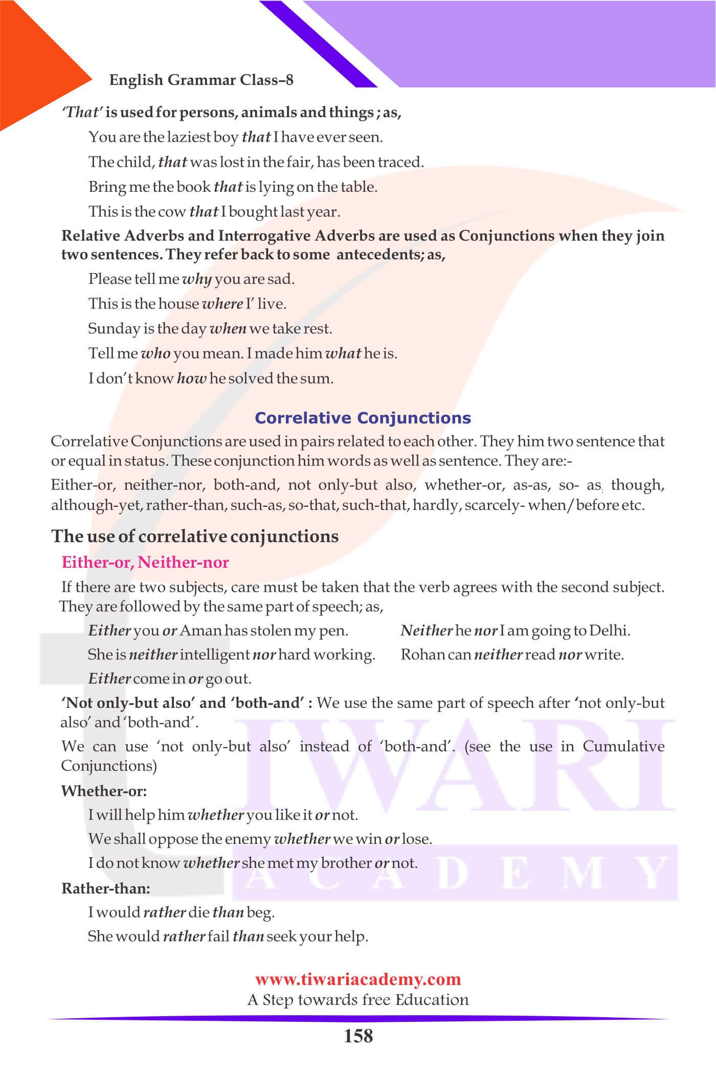 Class 8 English Grammar Conjunctions kinds