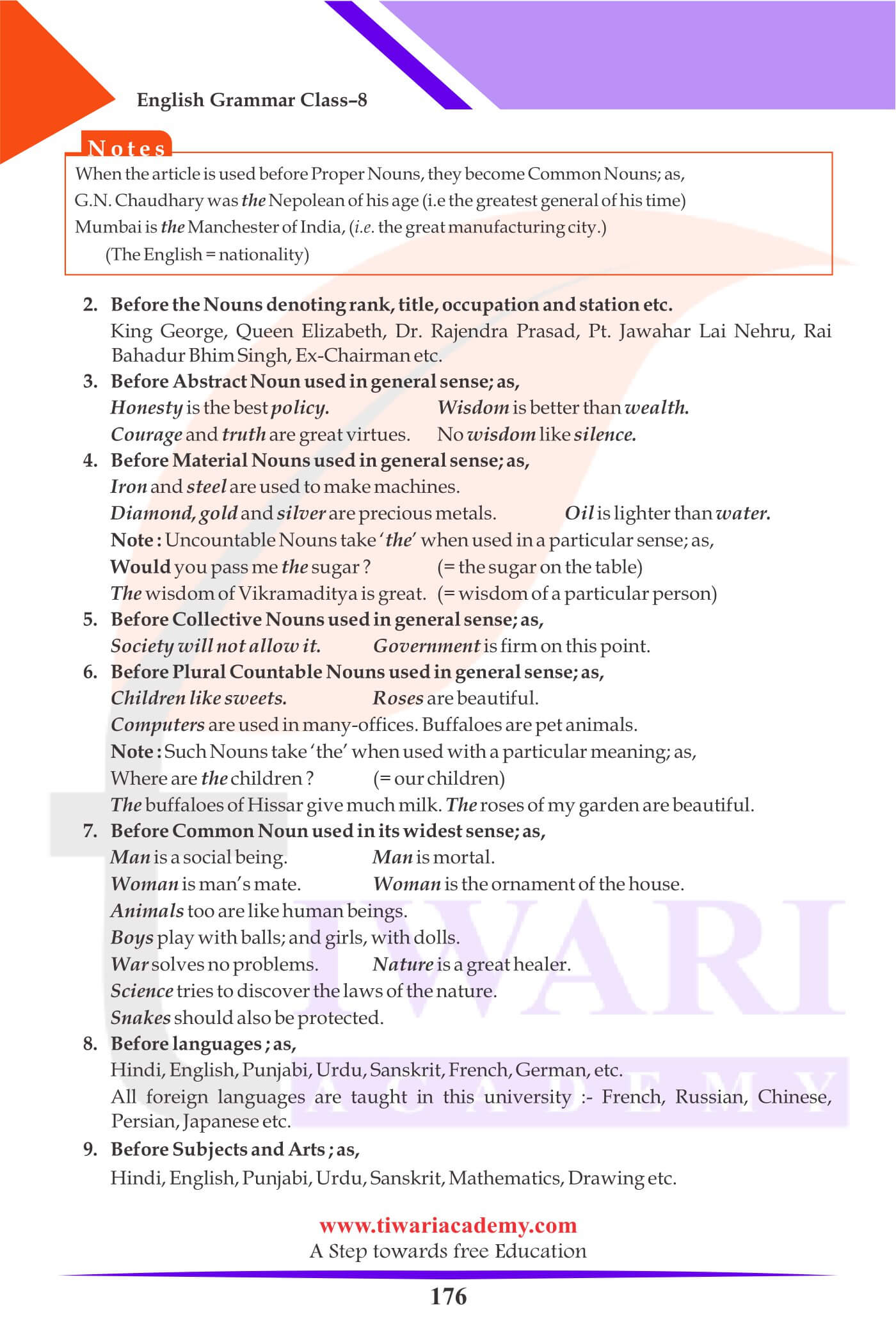 Class 8 English Grammar Articles Filling