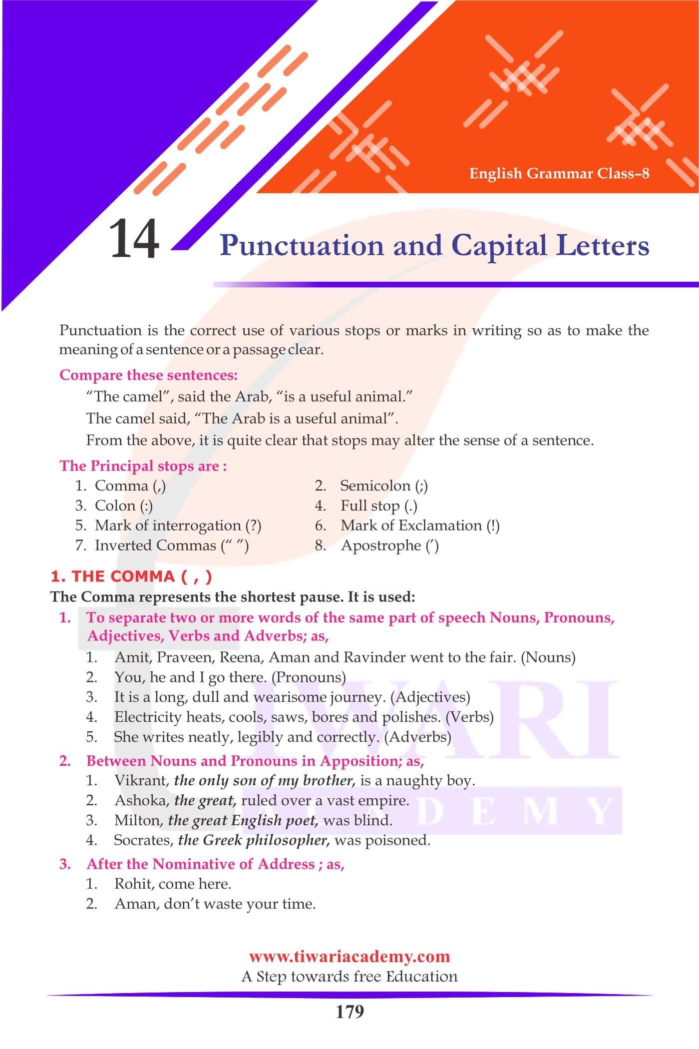 Class 8 English Grammar Chapter 14 Punctuation and Capital Letters
