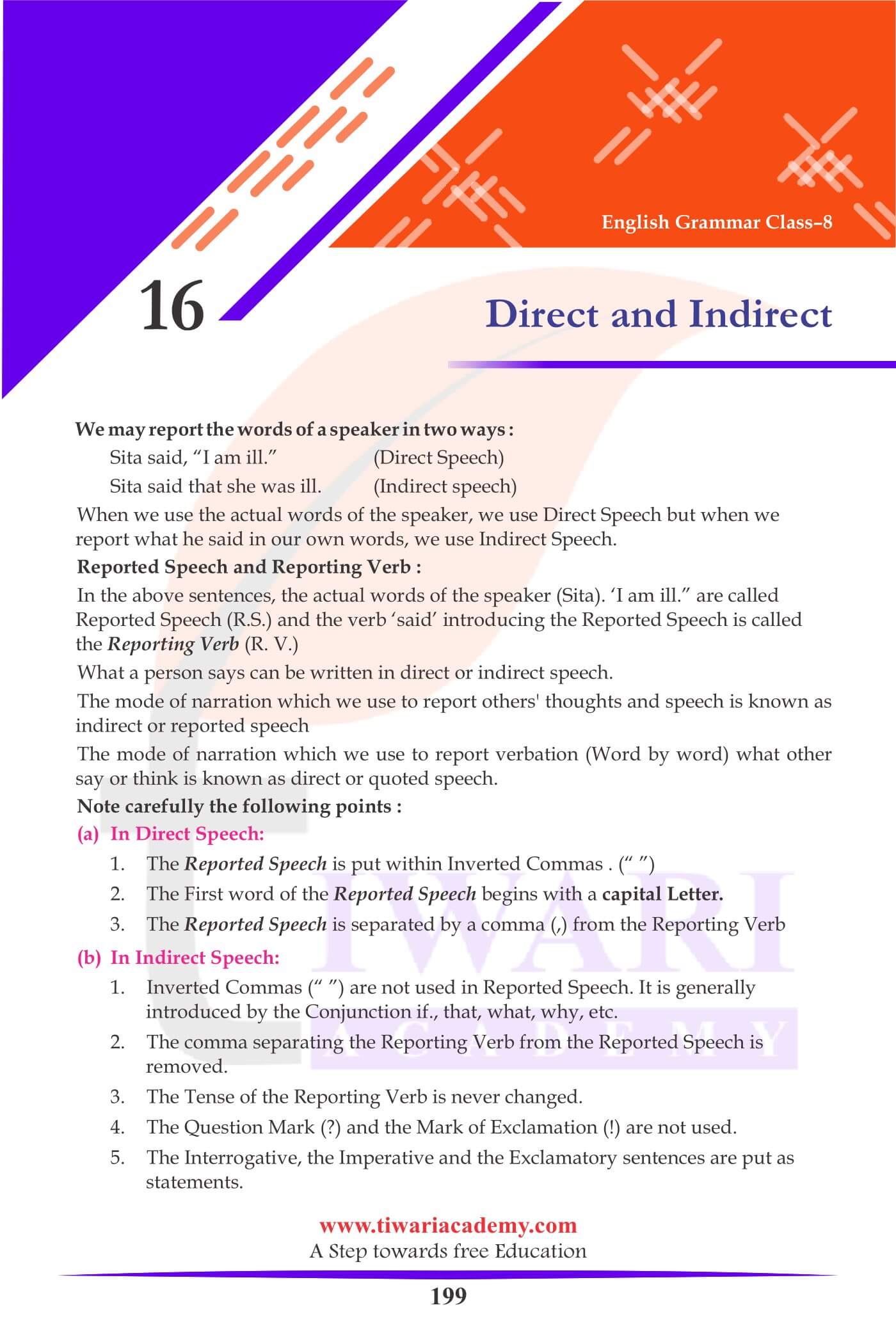 Class 8 English Grammar Chapter 16 Direct and Indirect Speech