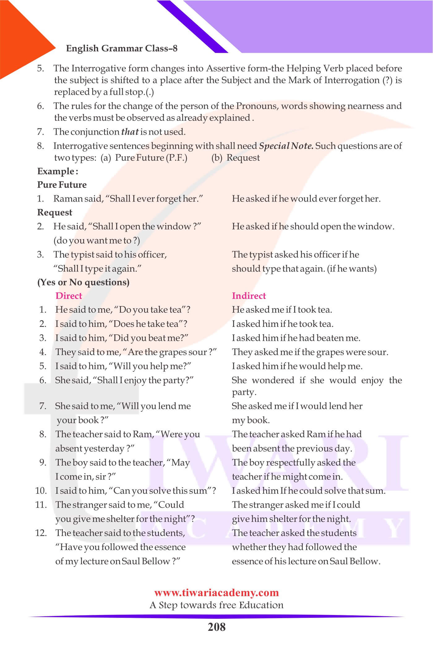 Class 8 English Grammar Direct and Indirect Exercises