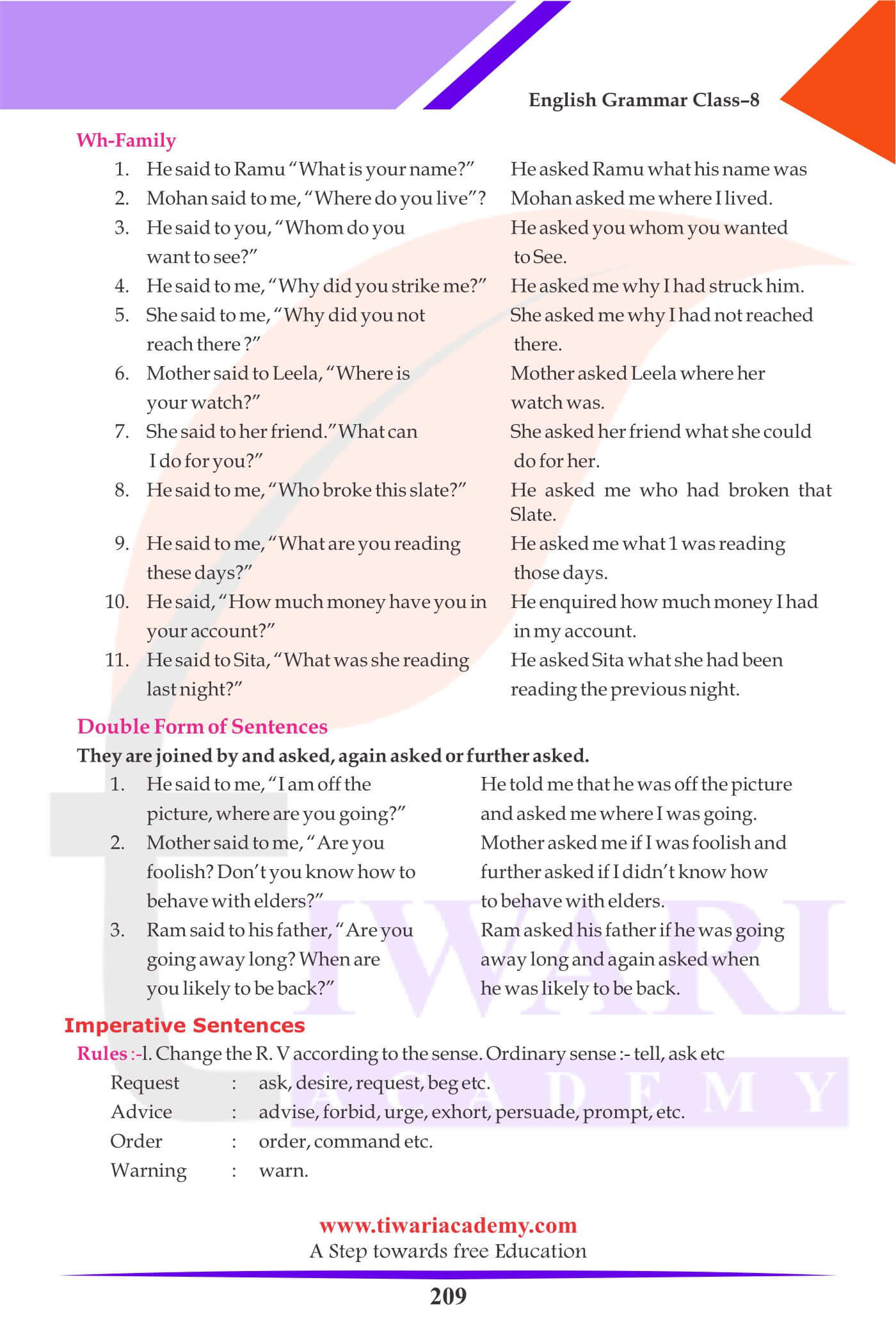 Class 8 English Grammar Direct and Indirect Assignments
