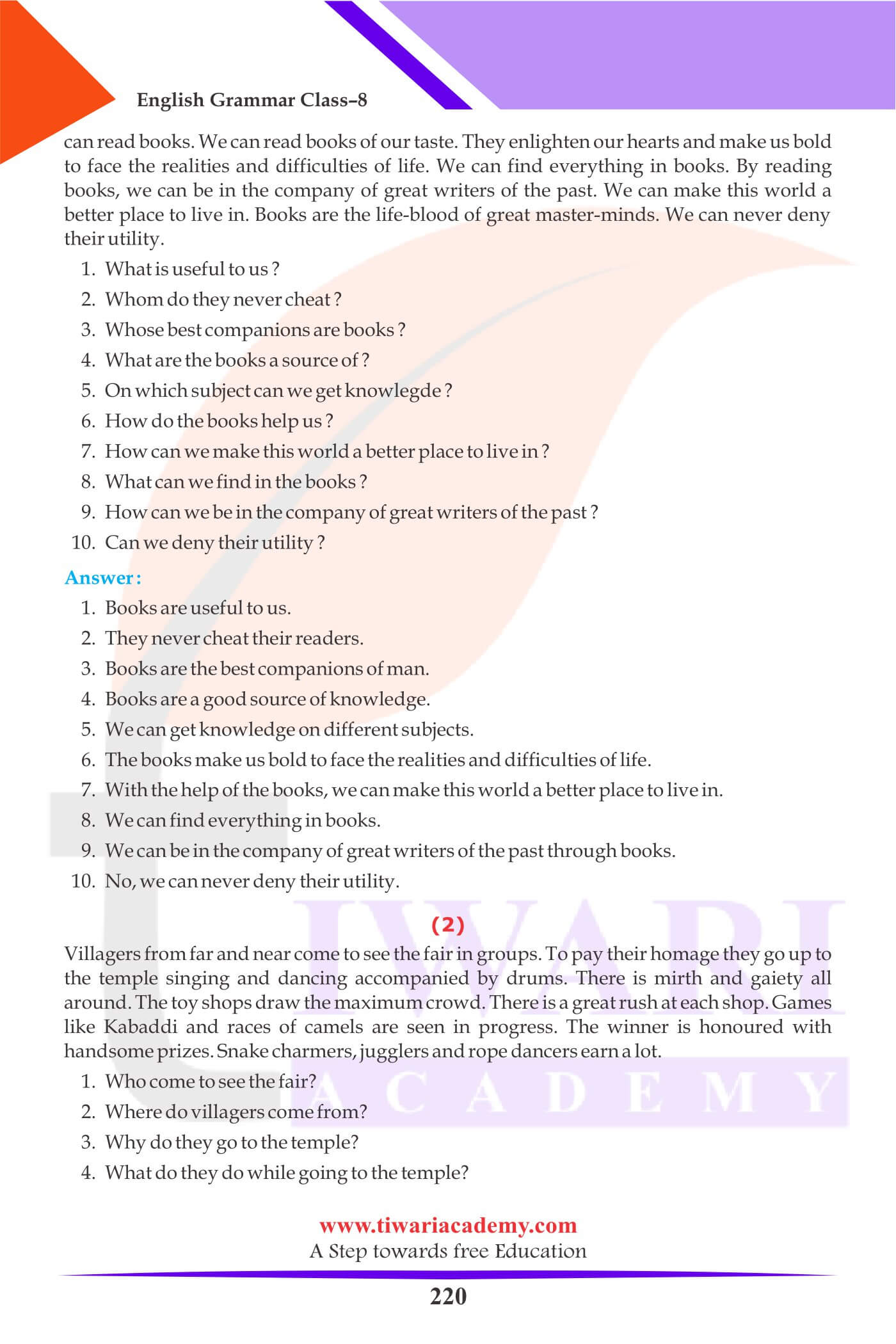 Class 8 English Grammar Comprehension