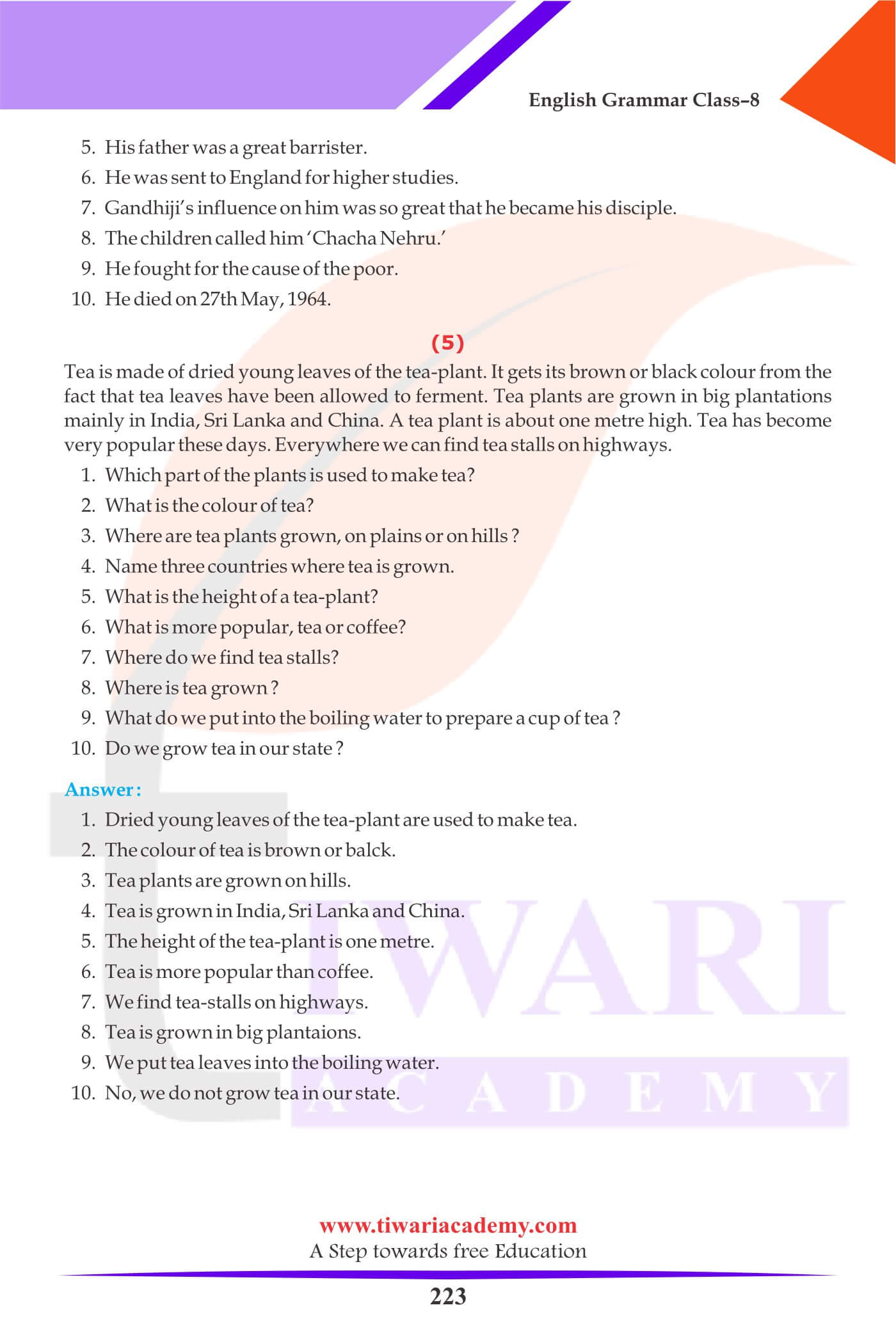 Class 8 English Grammar Comprehension Exercises