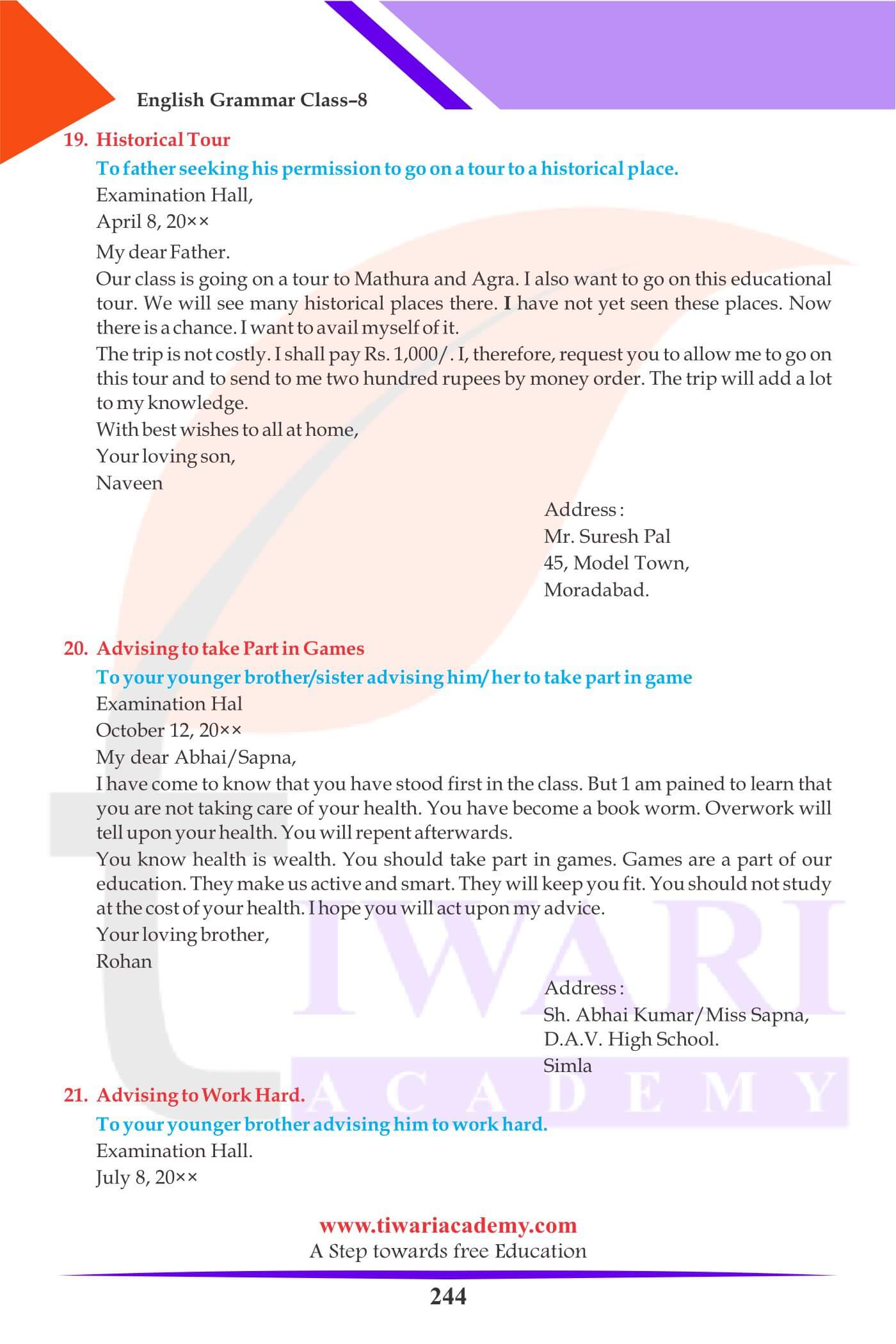 Class 8 Grammar Letter Writing Sample