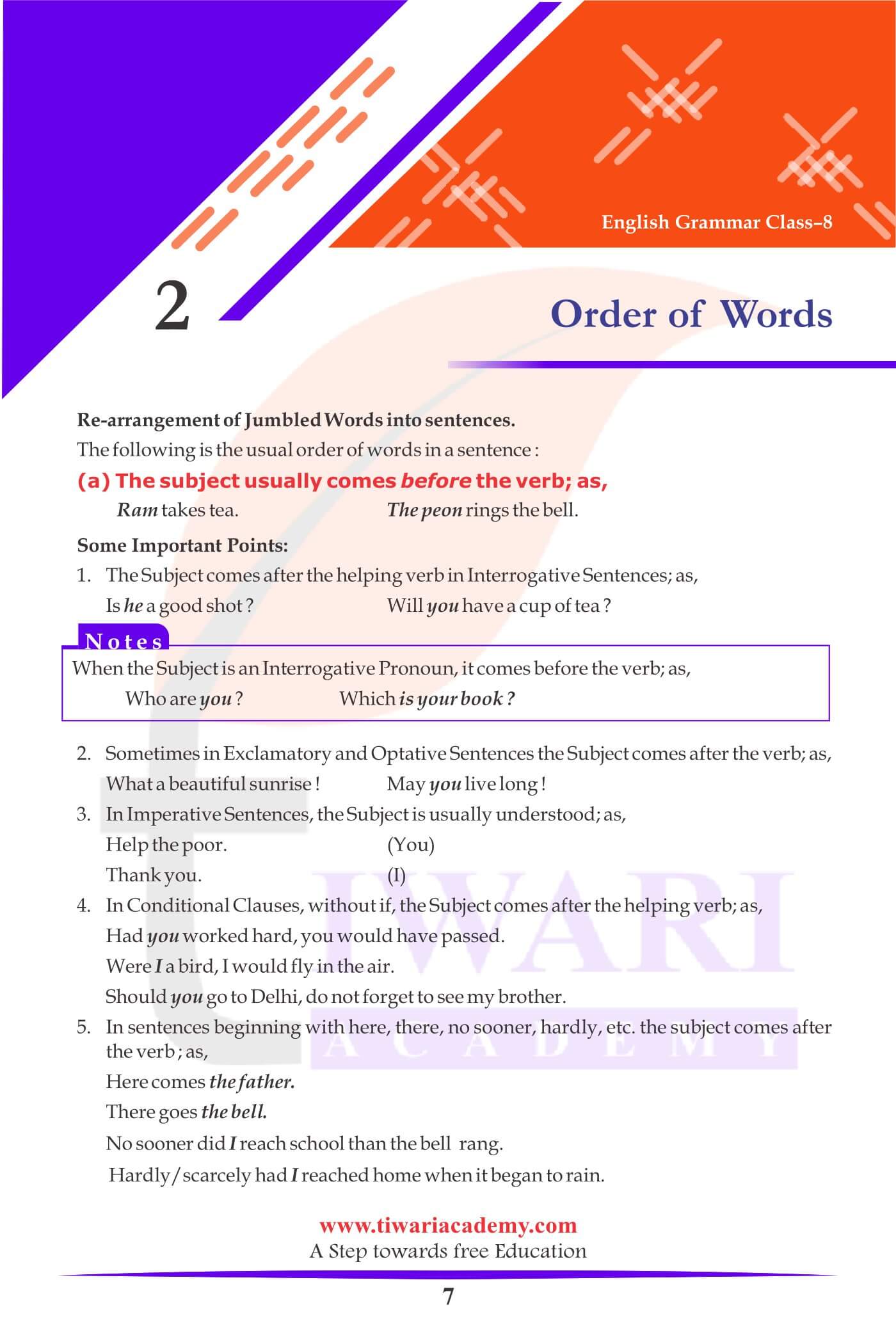 Class 8 English Grammar Chapter 2 Order of Words