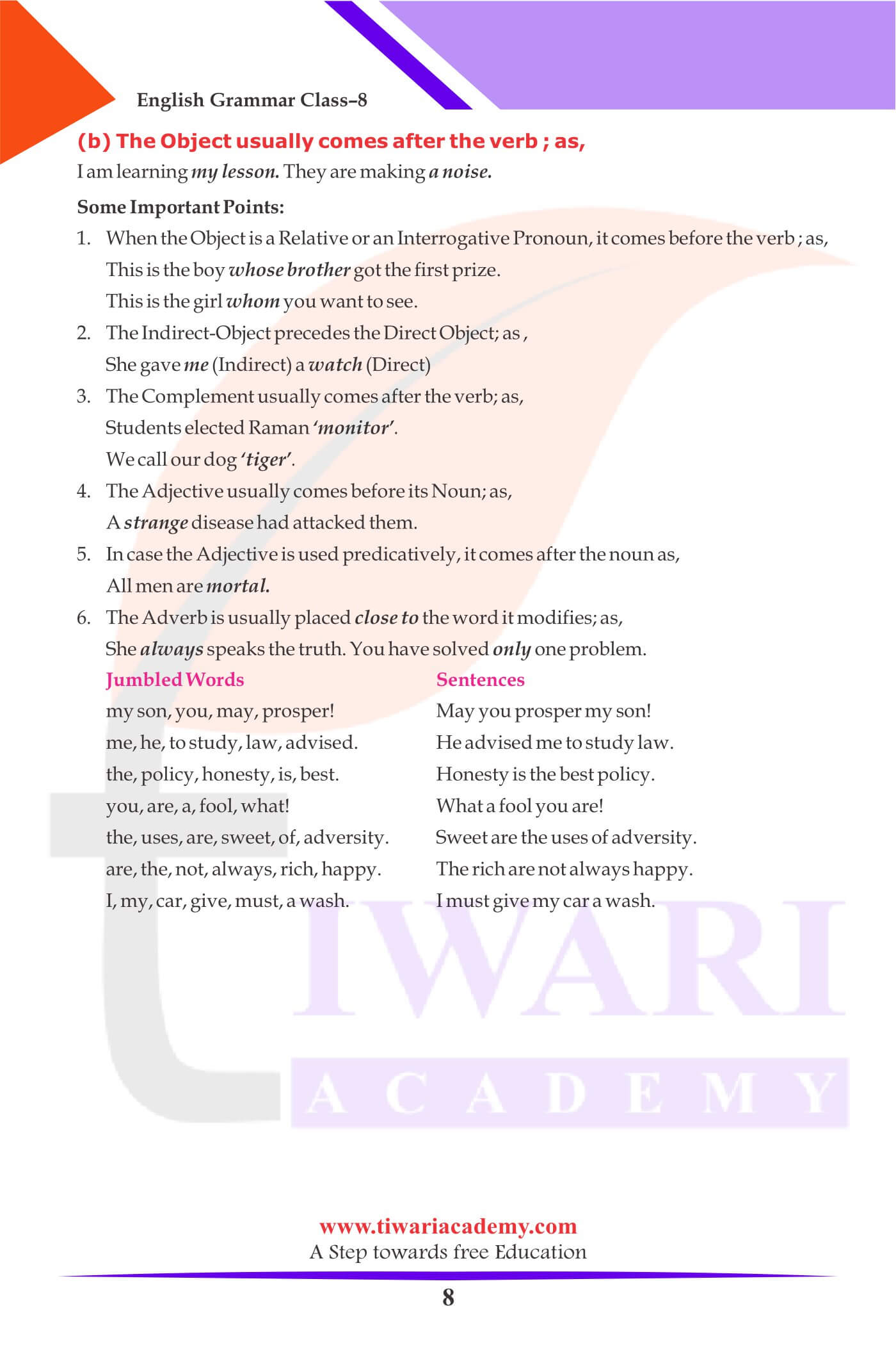 Class 8 English Grammar Order of Words