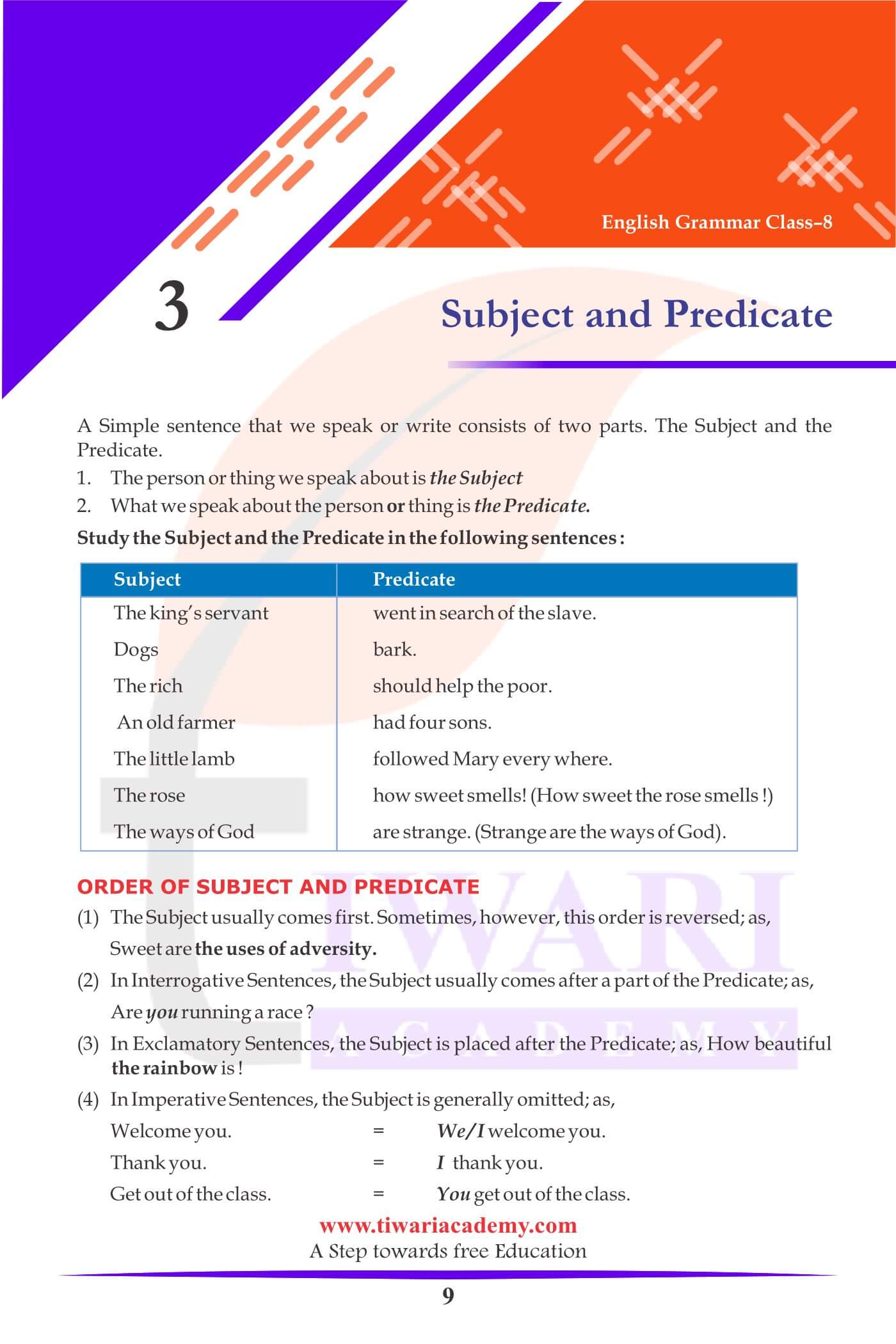 Class 8 English Grammar Chapter 3 Subject and Predicate