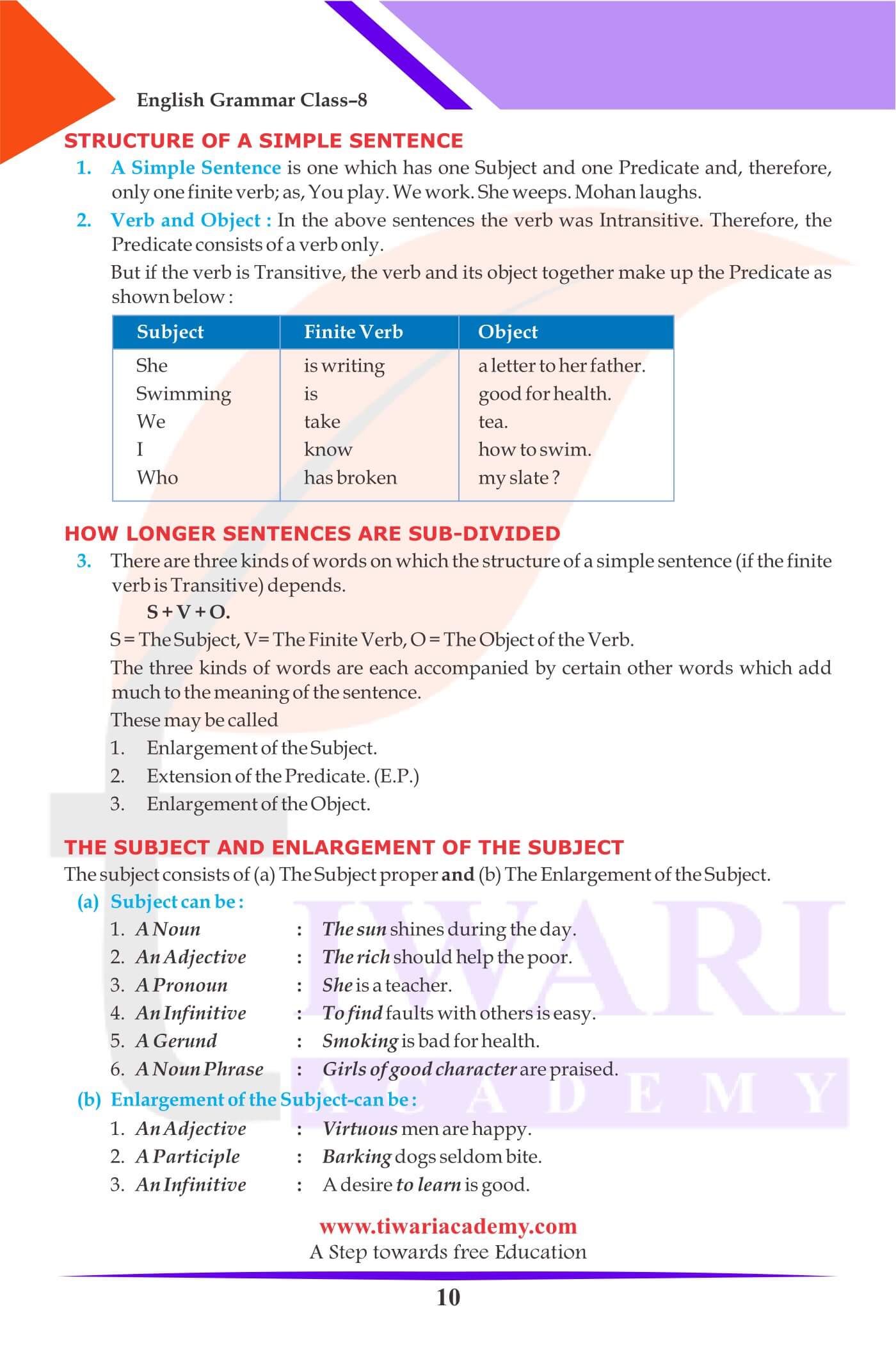 Class 8 English Grammar Subject and Predicate