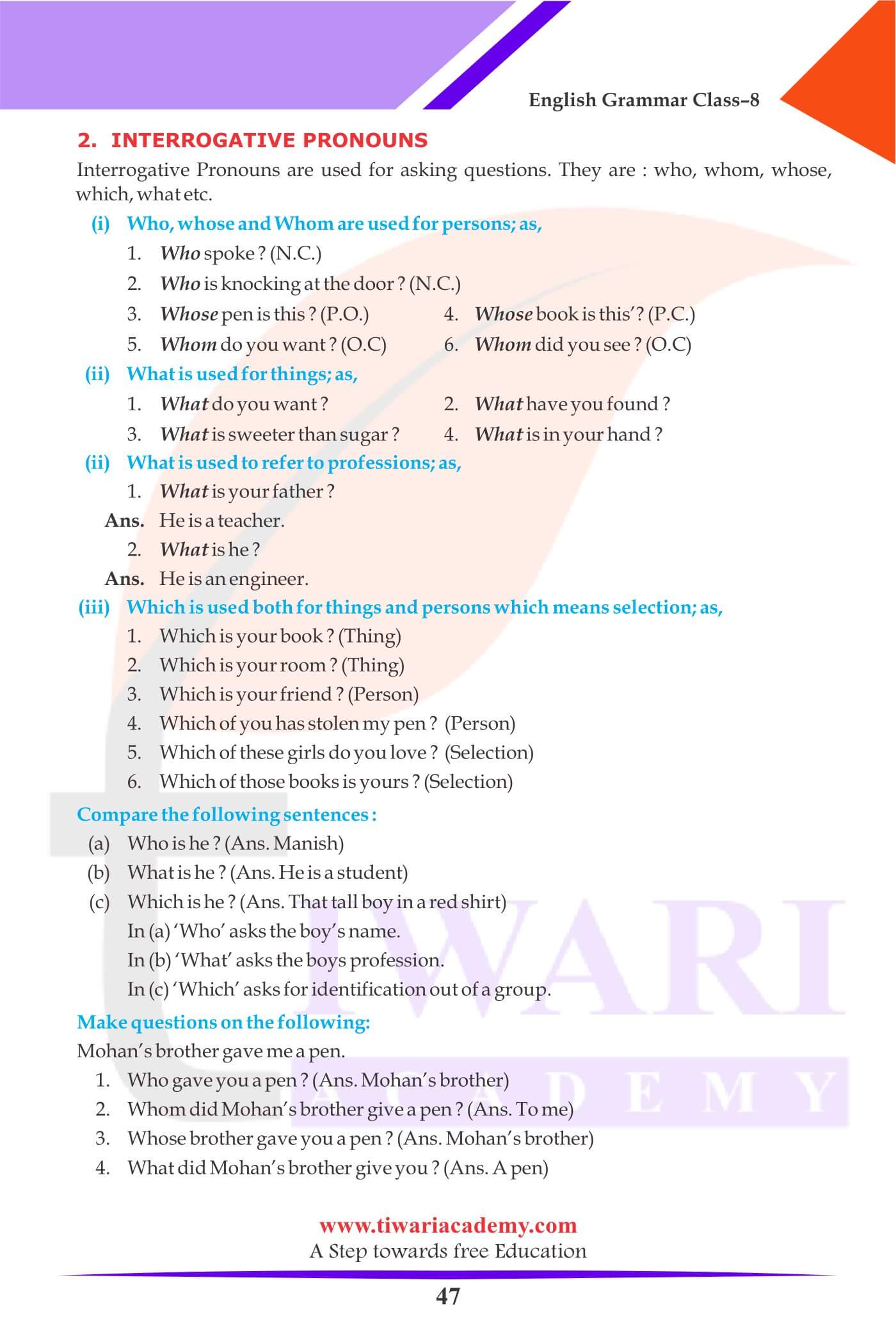 Class 8 English Grammar Different types of Pronoun