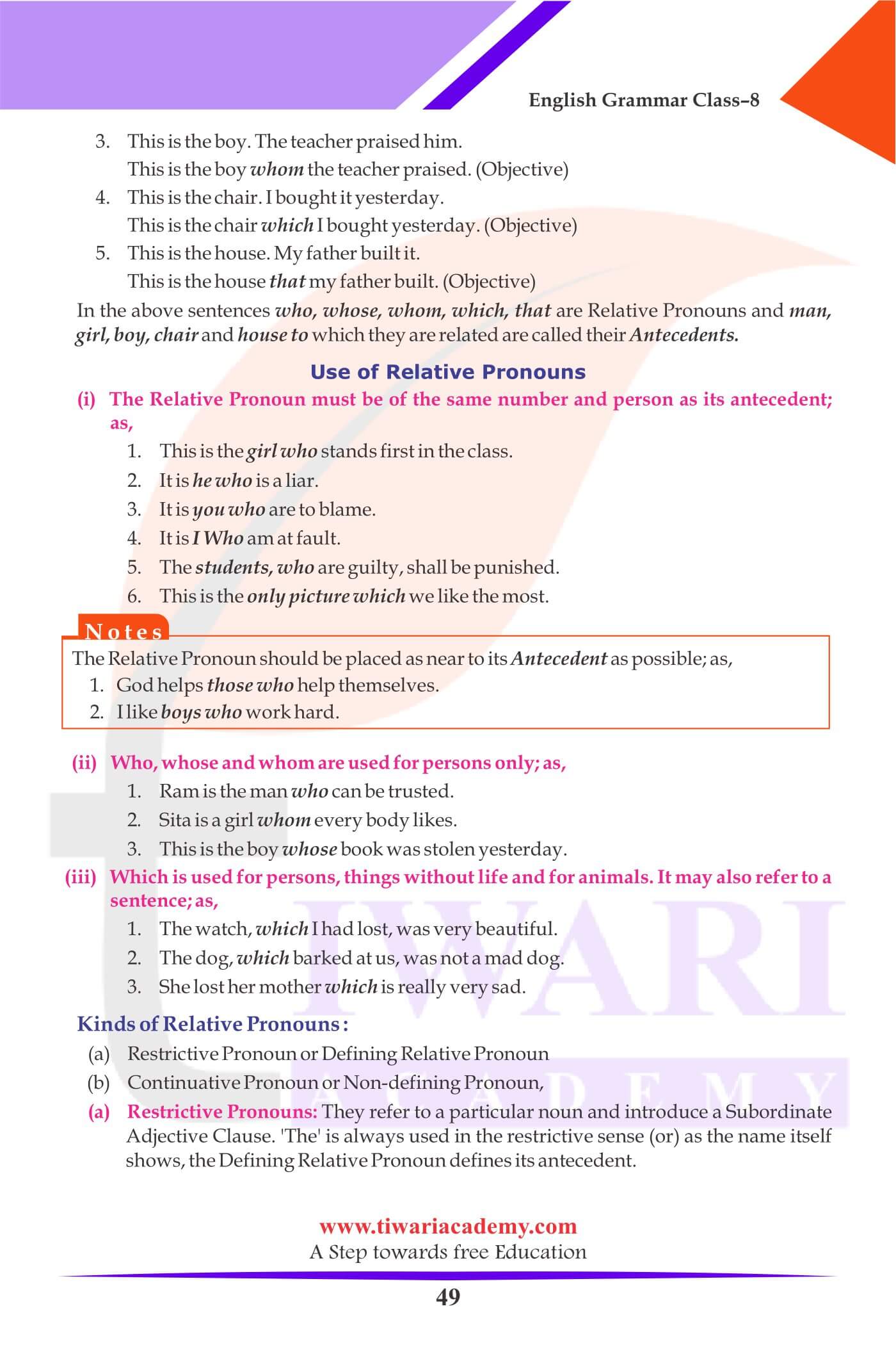 Class 8 Grammar Pronoun types