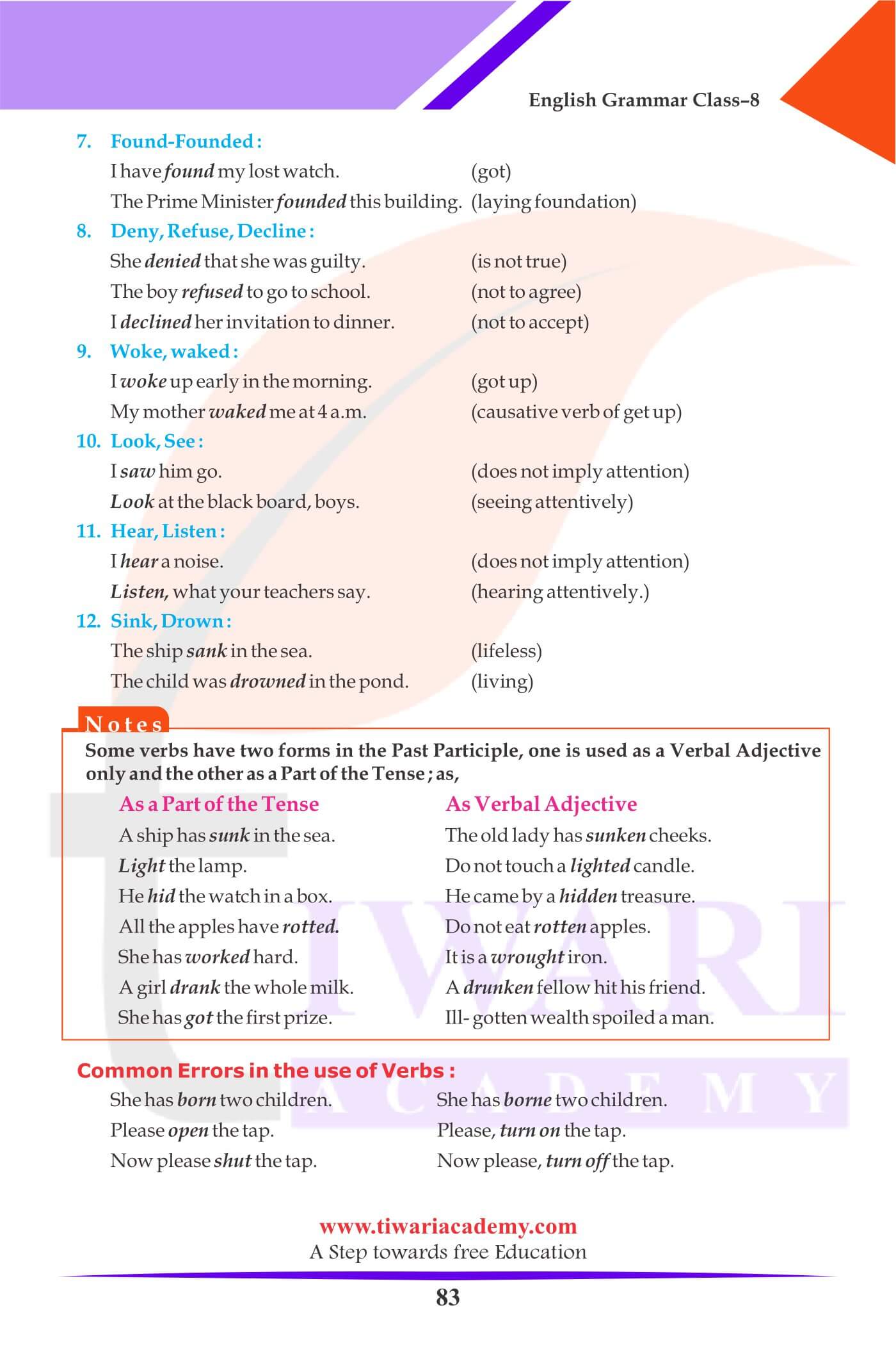 Class 8 Grammar Verb changing