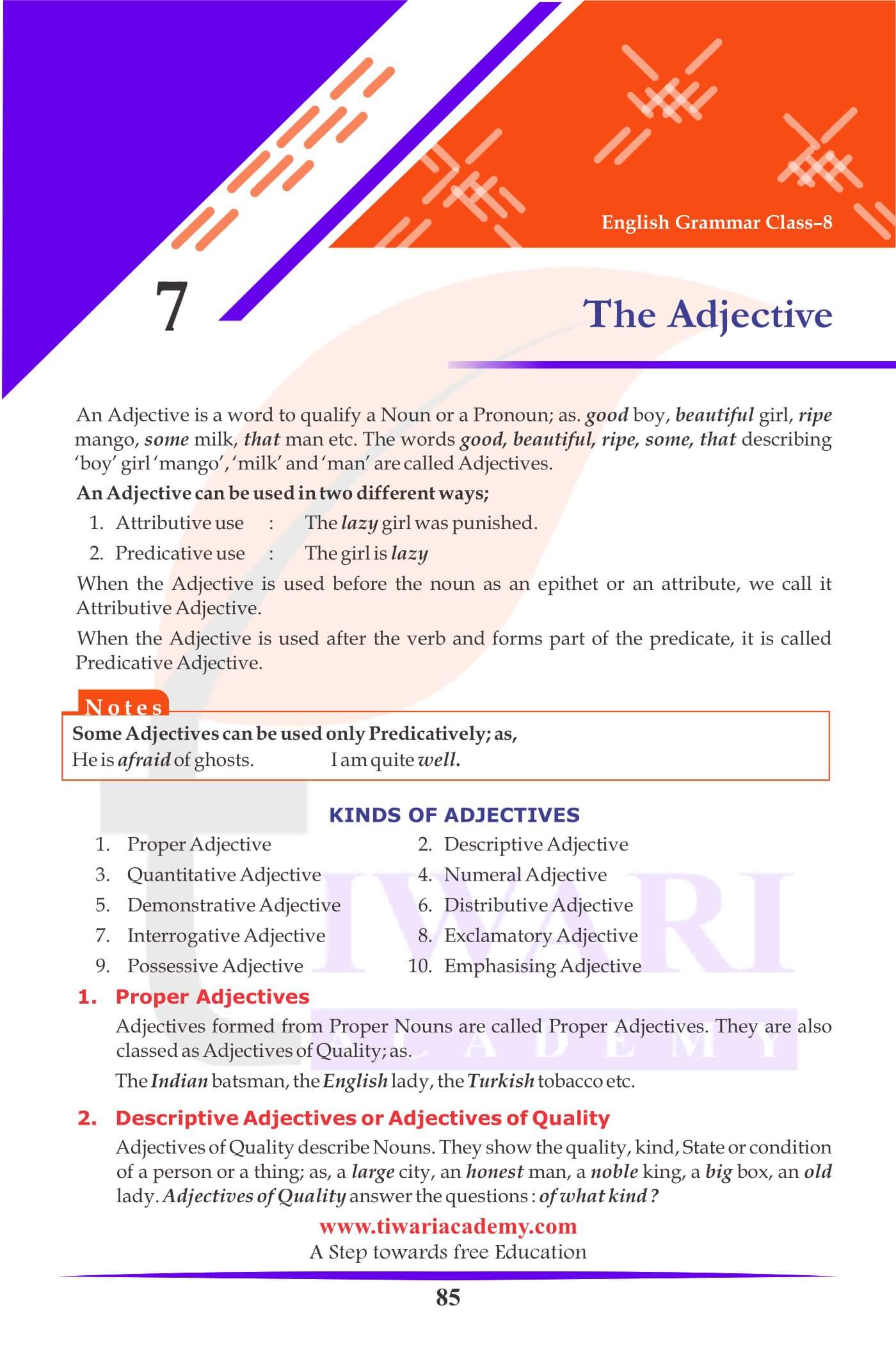 Class 8 English Grammar Chapter 7 The Adjective