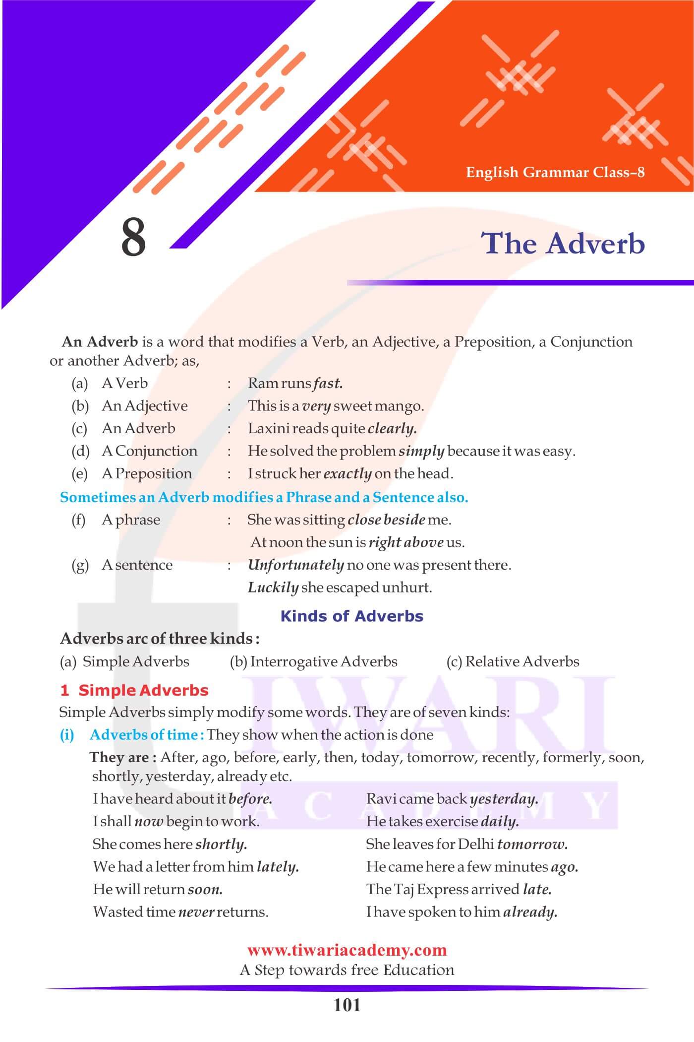 Class 8 English Grammar Chapter 8 The Adverb