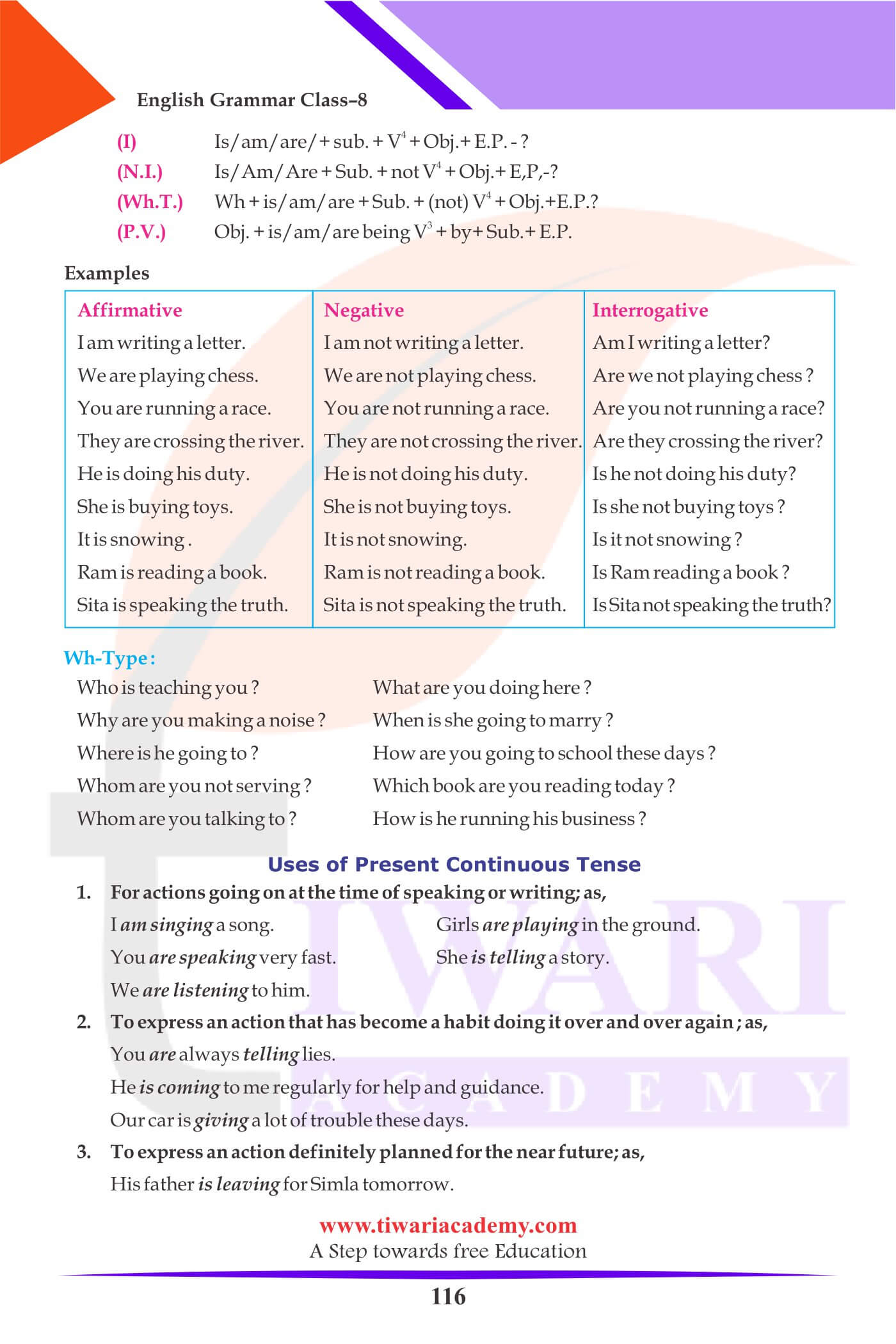 Class 8 English Grammar Tense examples