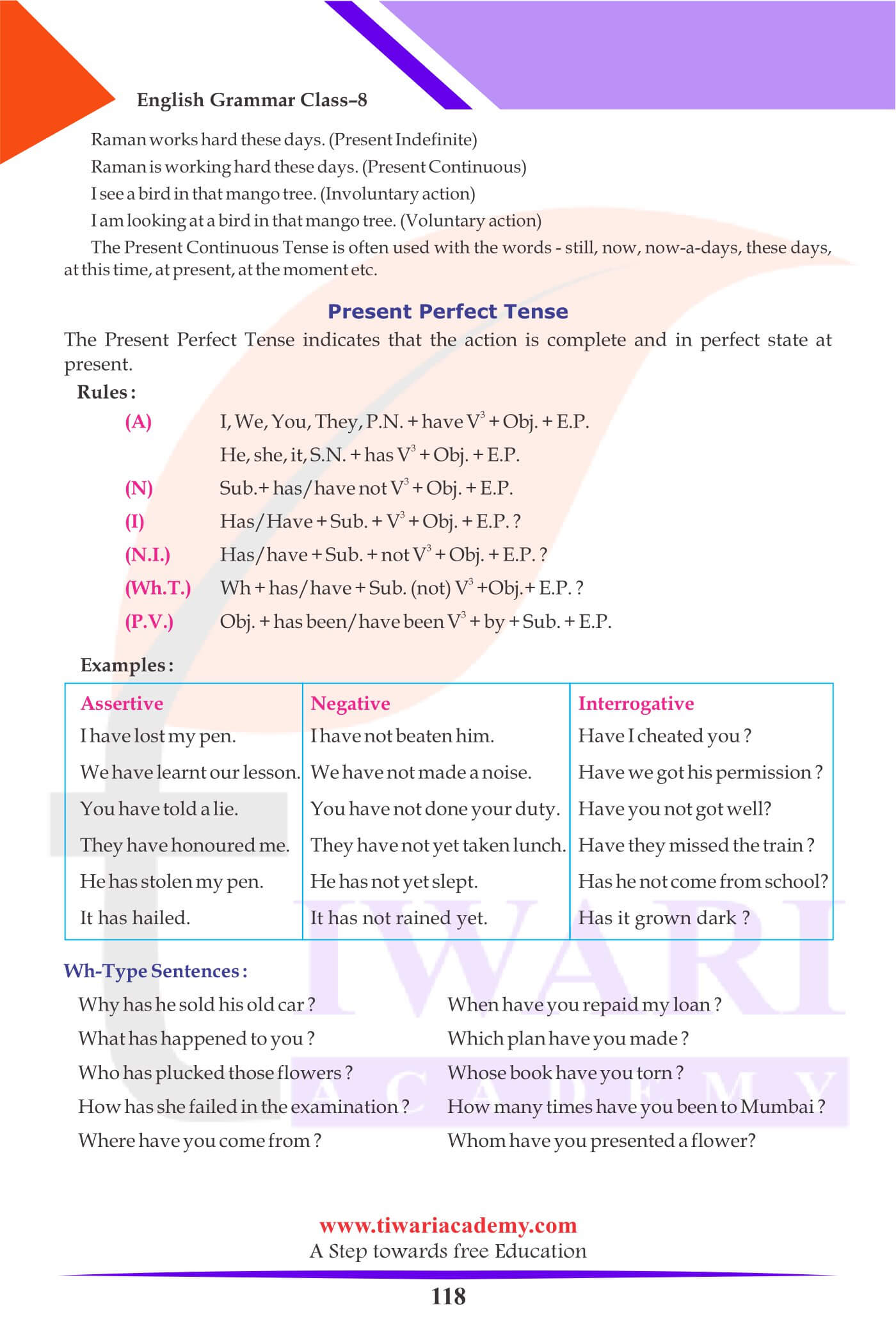 Class 8 English Grammar kinds of Tense