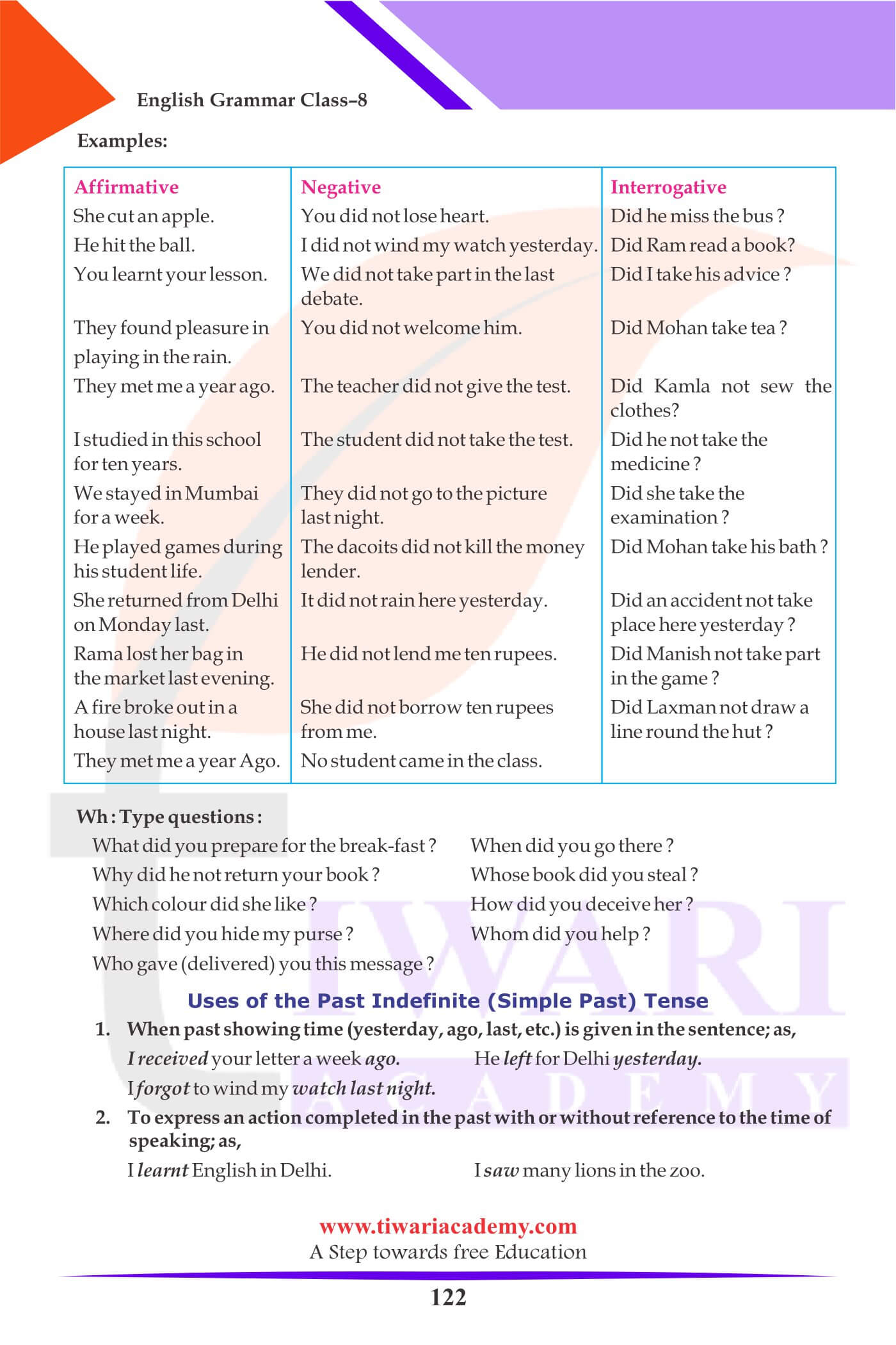 Class 8 Grammar Tense and its use