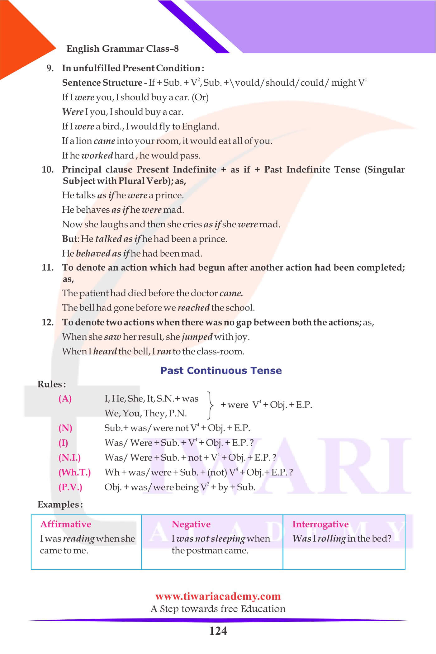 Class 8 Grammar Tense questions