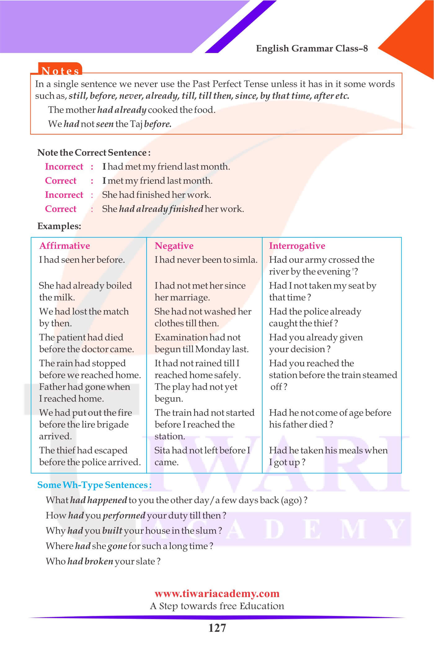 Class 8 Grammar Learn Tense