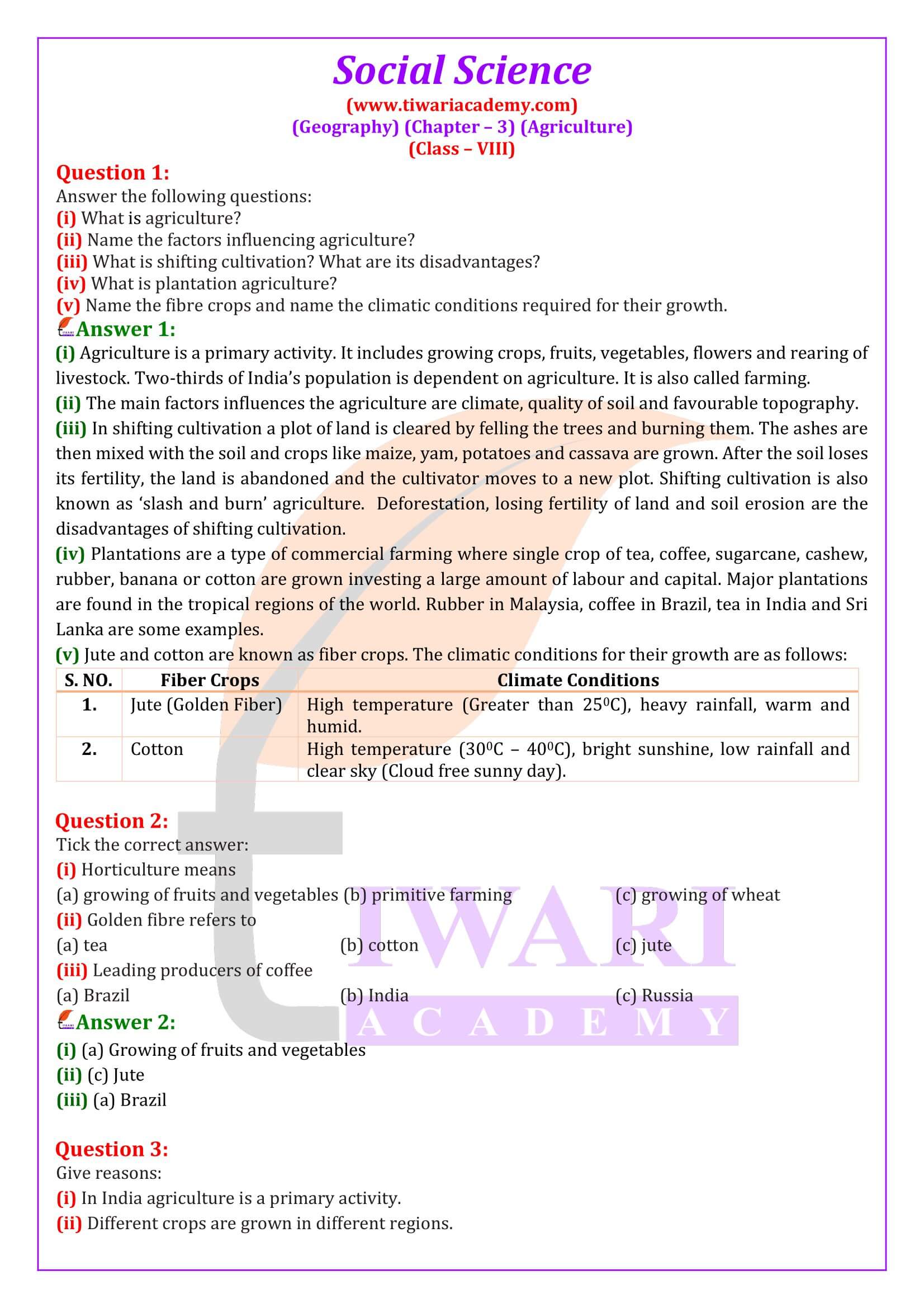 NCERT Solutions for Class 8 Social Science Geography Chapter 3 Agriculture
