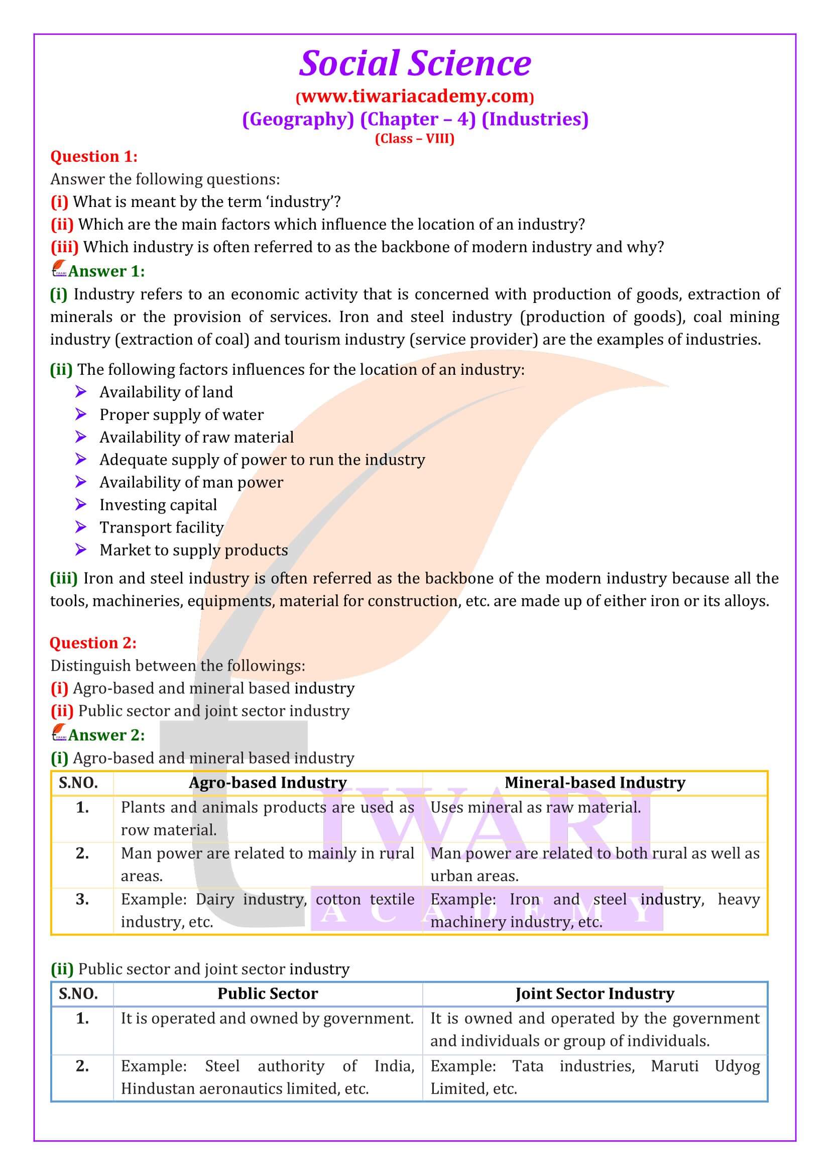 NCERT Solutions for Class 8 Social Science Geography Chapter 4 Industries