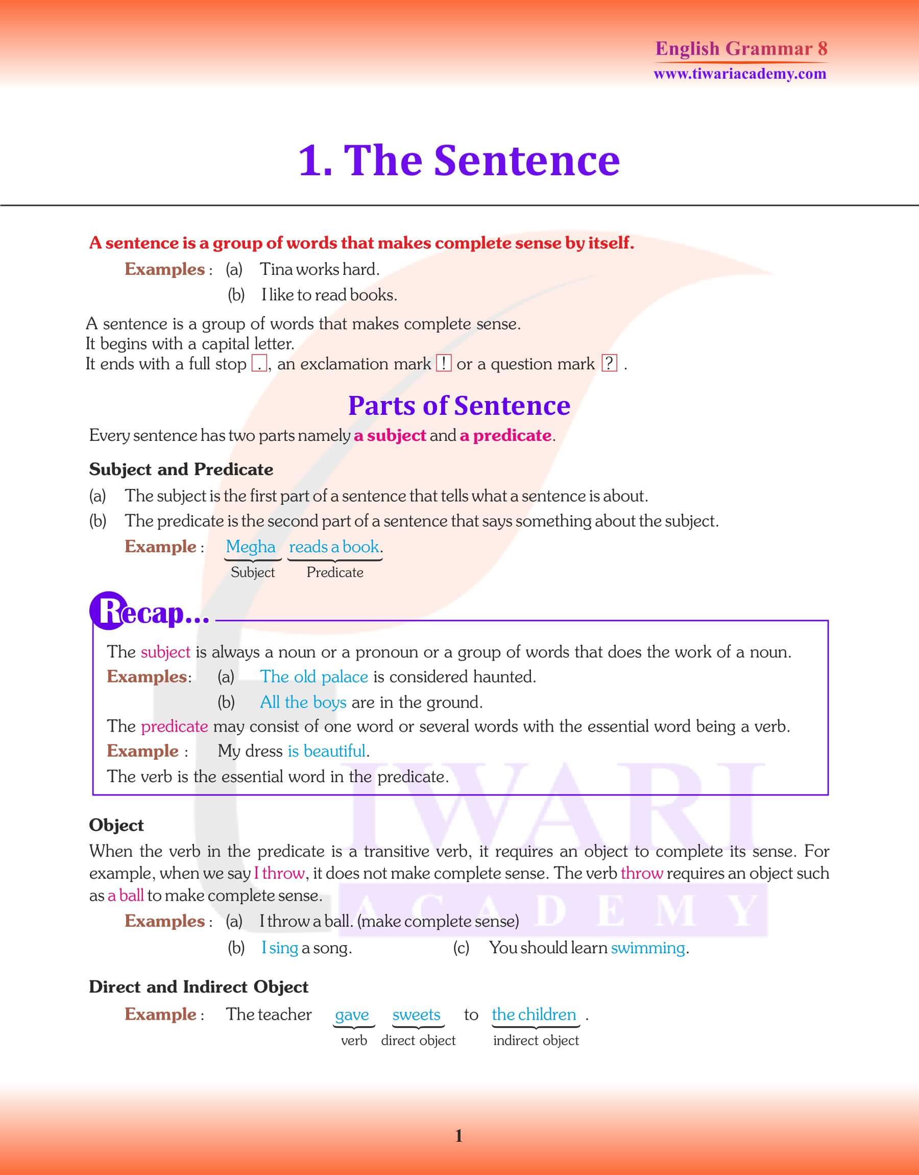 Class 8 English Grammar Chapter 1 The Sentence Revision