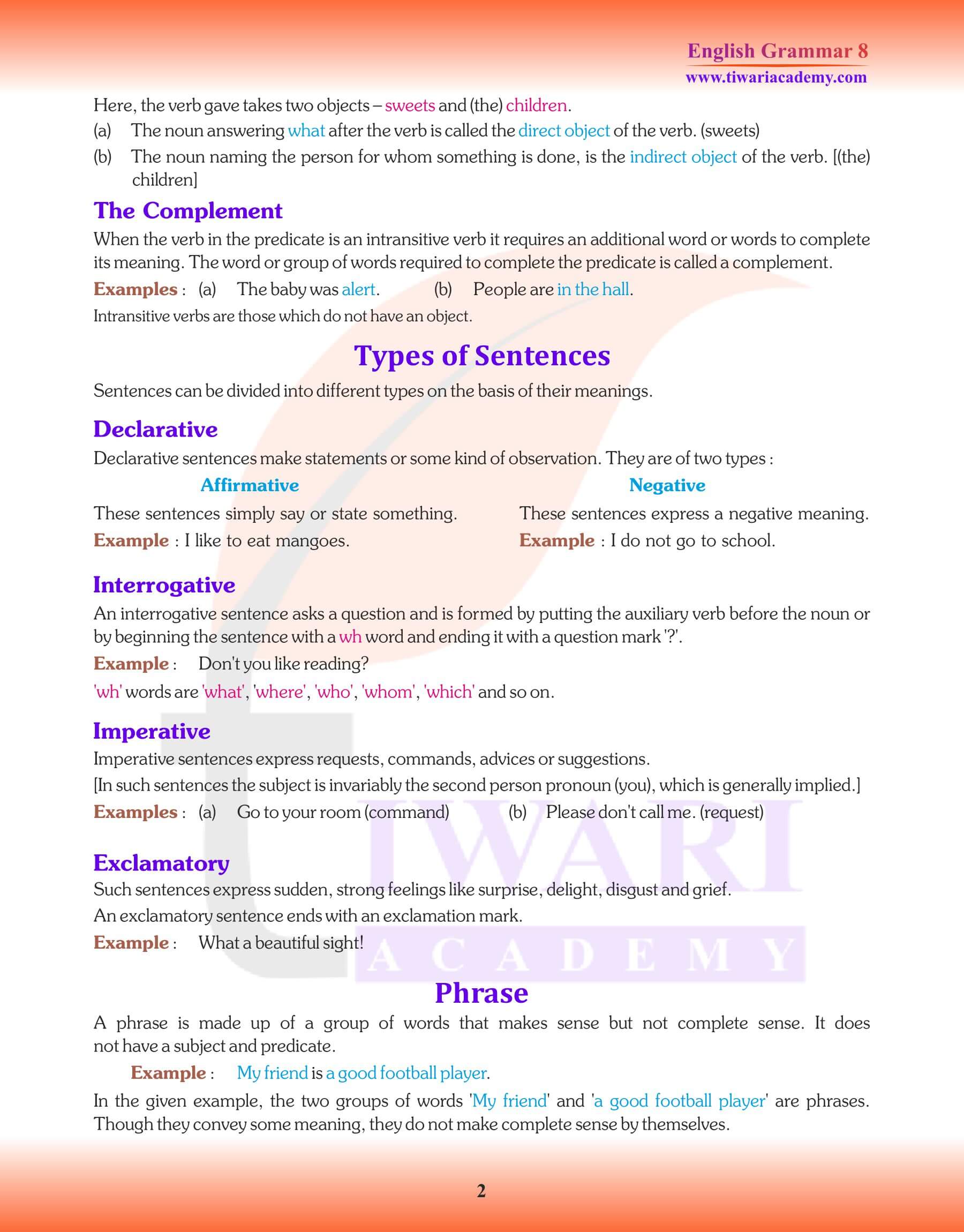 Class 8 English Grammar Chapter 1 The Sentence Study material