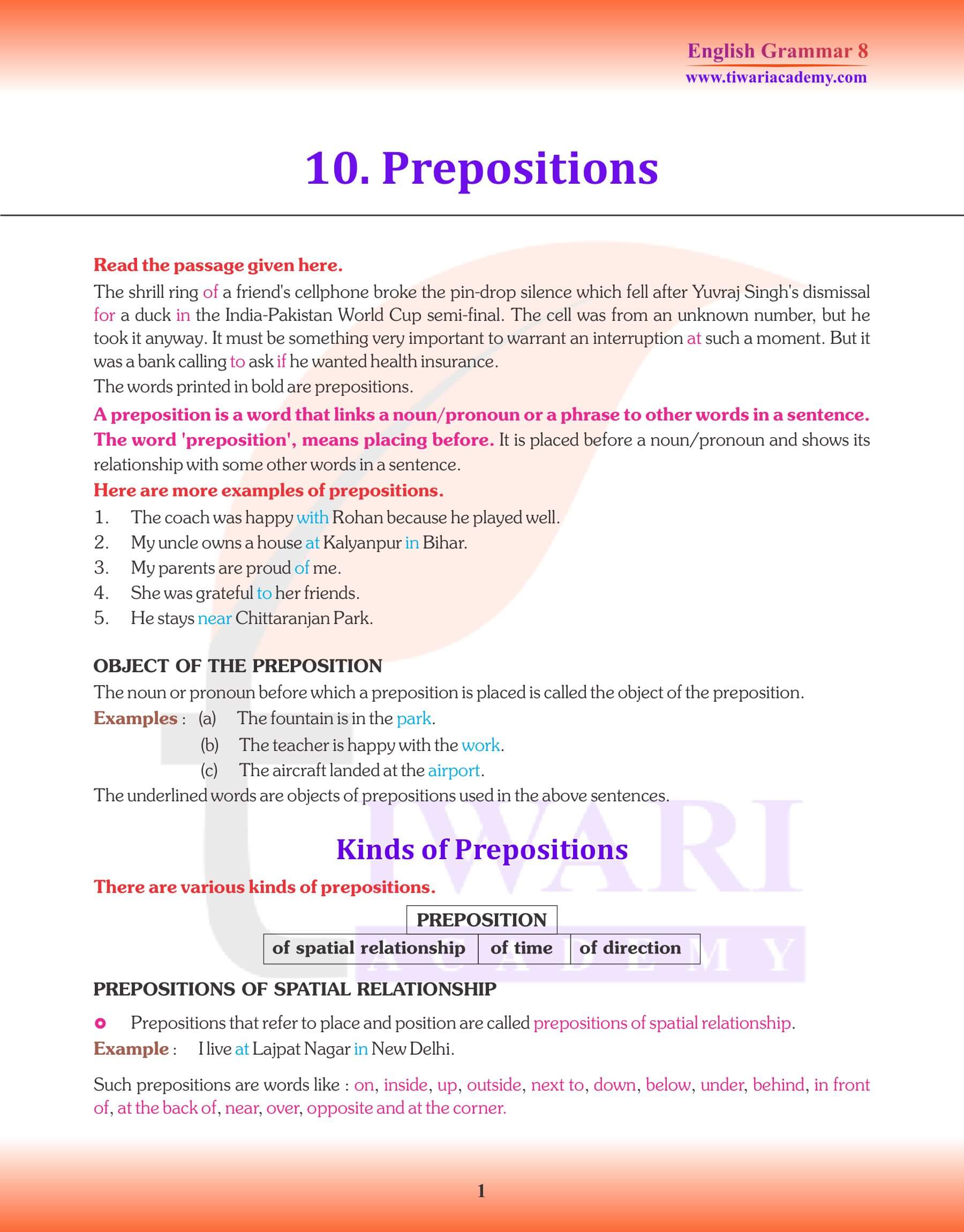 Class 8 English Grammar Chapter 10 The Preposition Revision book