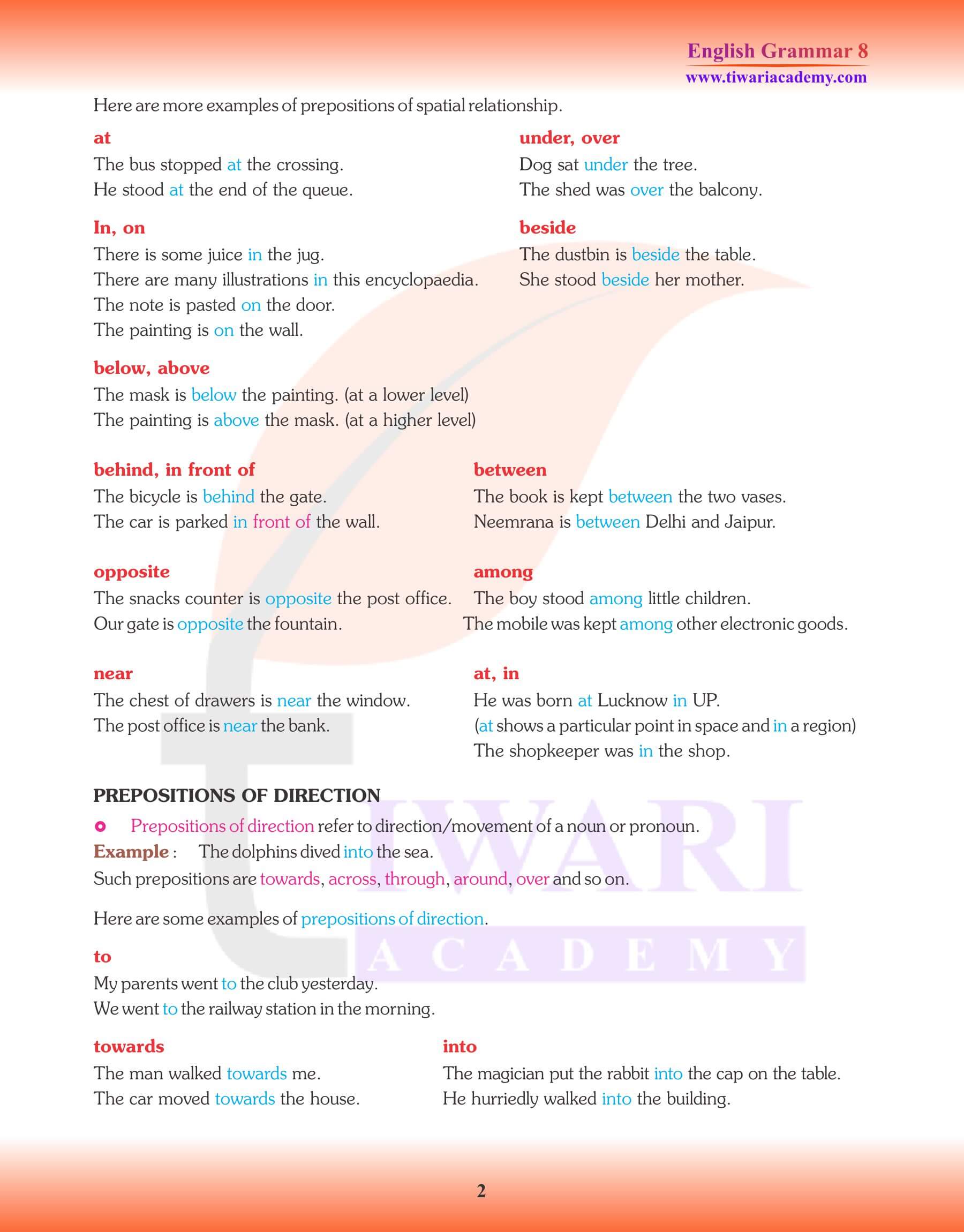 Class 8 English Grammar The Preposition Revision notes
