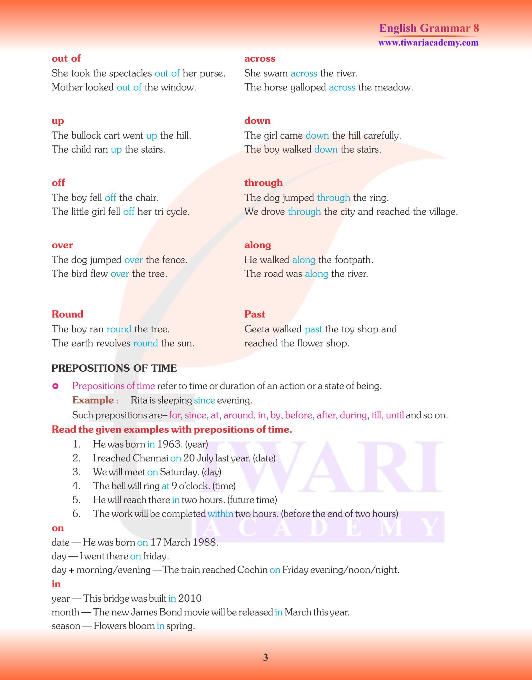 Class 8 English Grammar The Preposition Practice notes