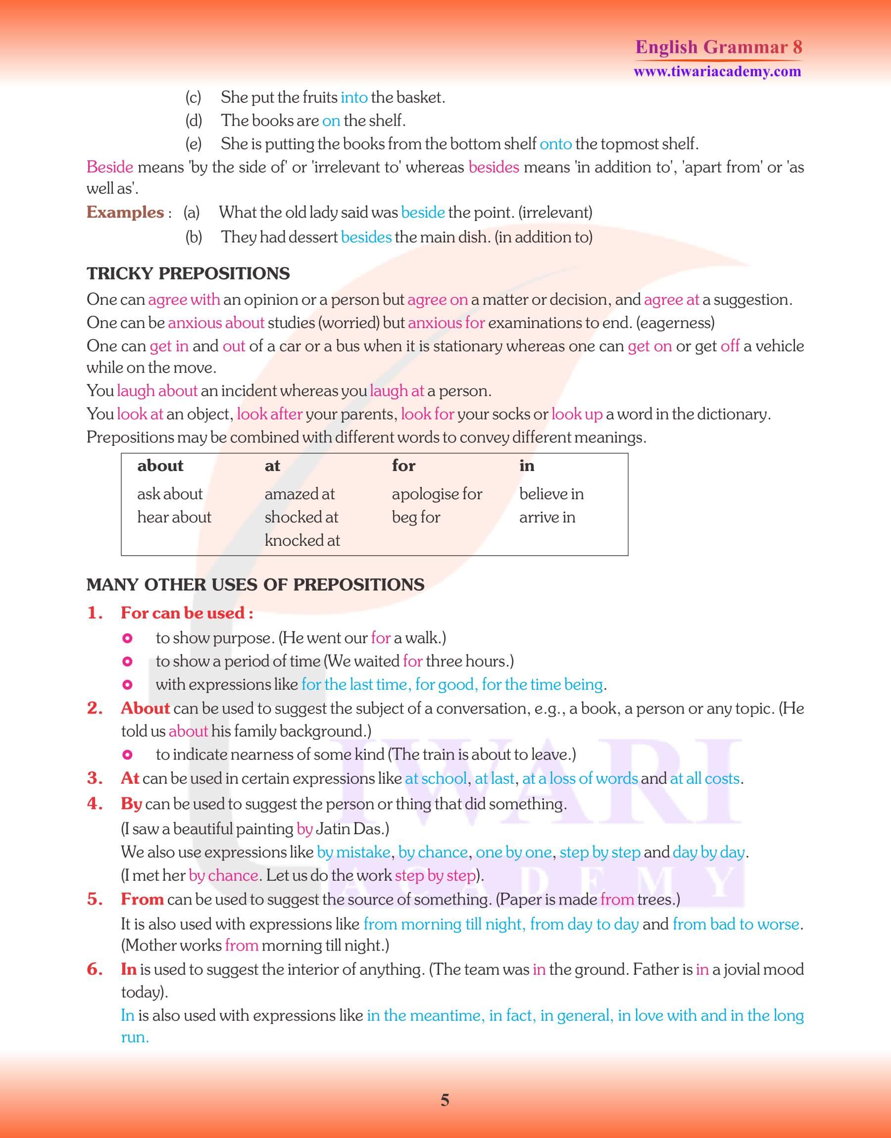 Class 8 English Grammar The Preposition uses