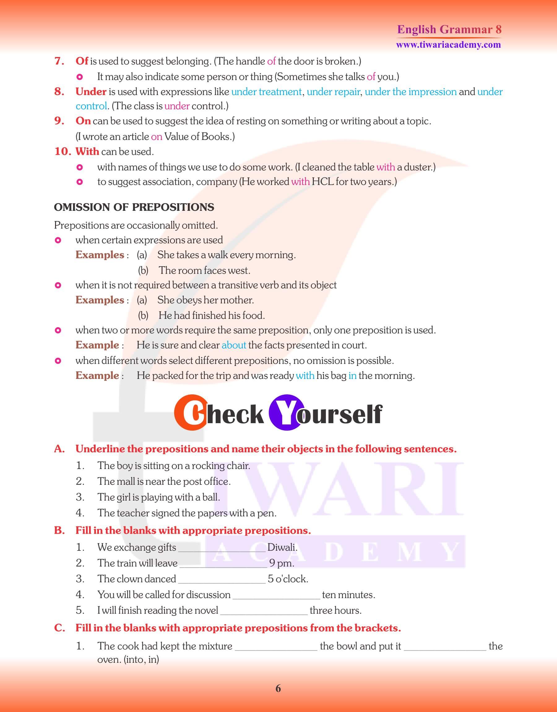 Class 8 English Grammar The Preposition Question Answers