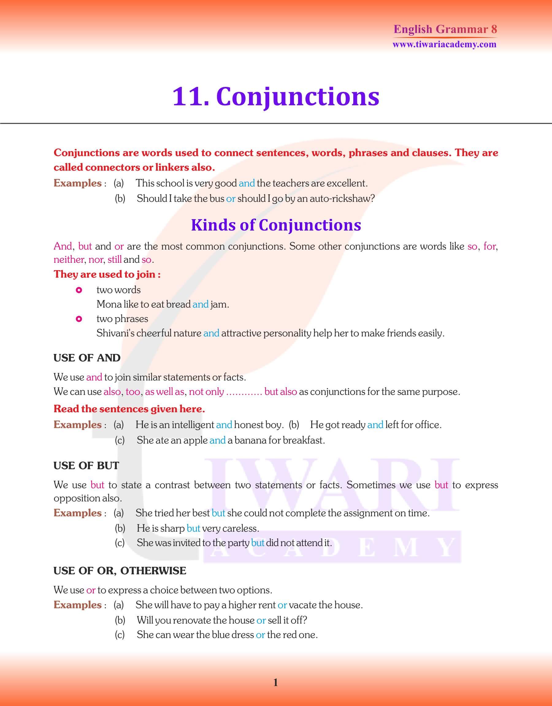 Class 8 English Grammar Conjunctions Revision book