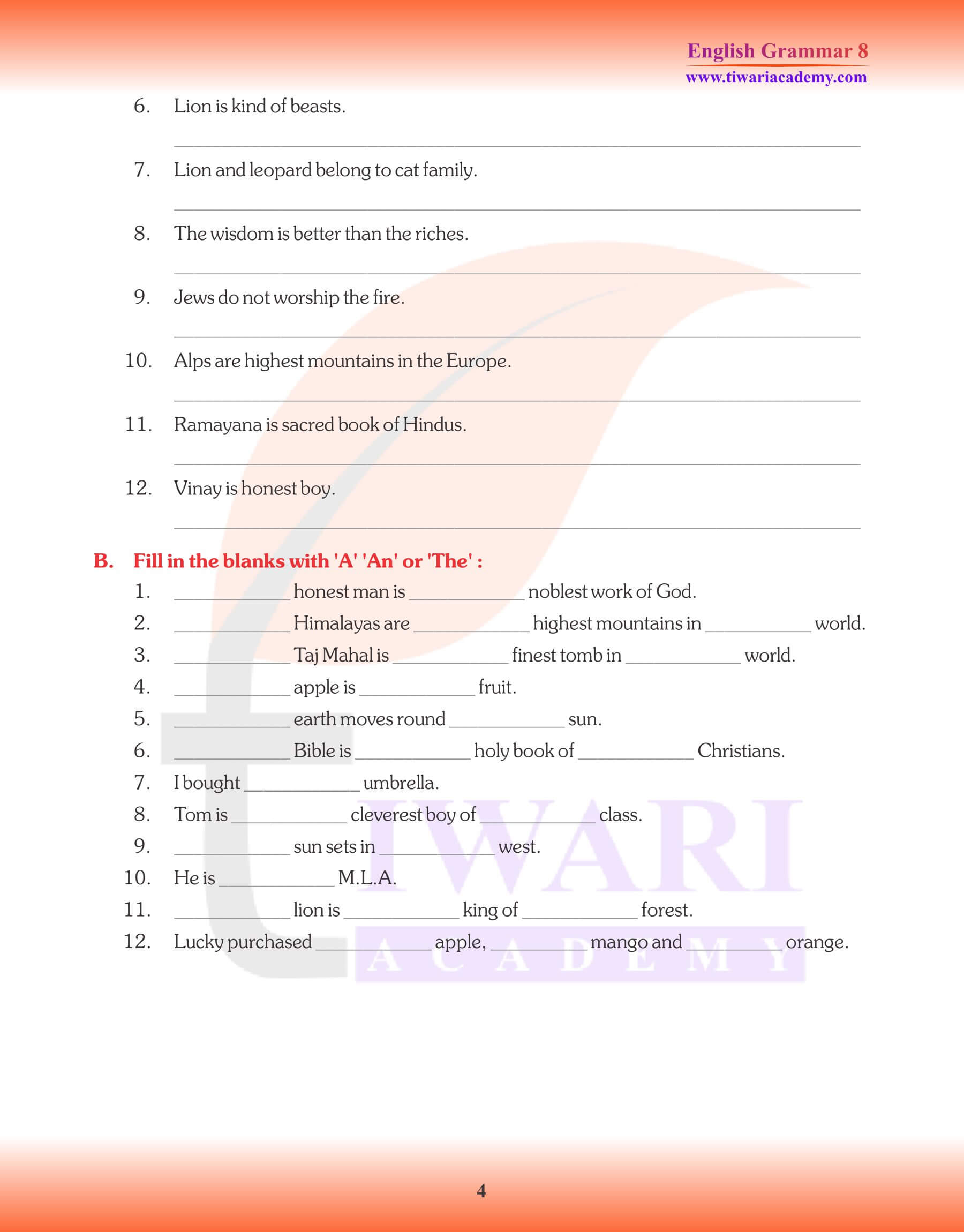 Class 8 English Grammar Articles Worksheets